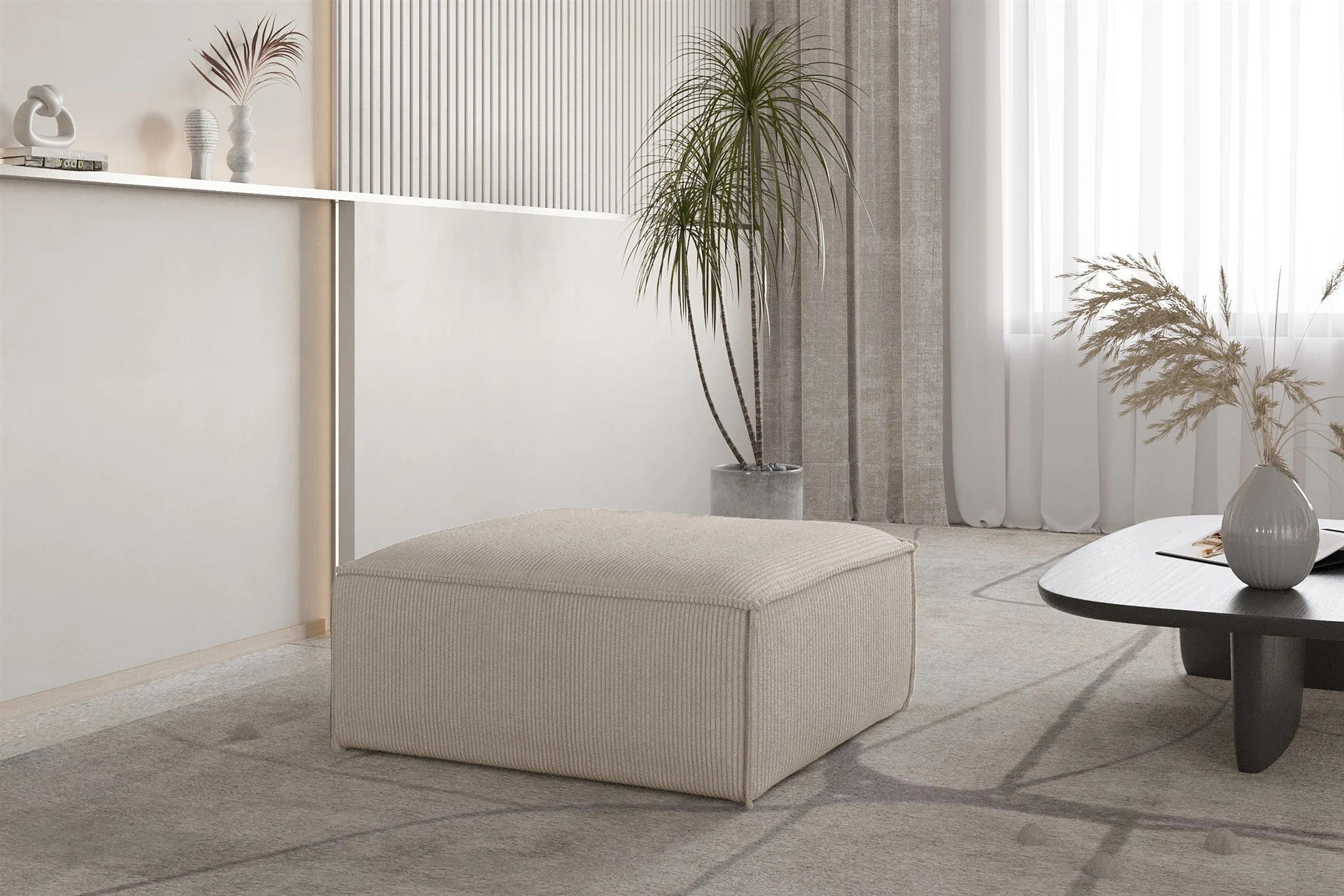 Polsterhocker Designerhocker CELES PREMIUM 85x85 cm in Stoff Scala Hellbeige - Fun Möbel