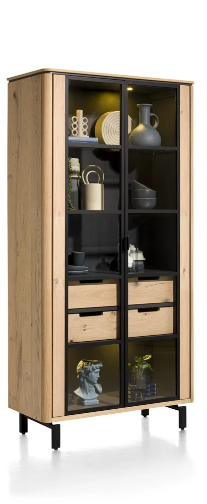 Henders & Hazel Livada Vitrine 2 Glastüren+2 Schubladen+LED Wildeiche Furnier/Metall