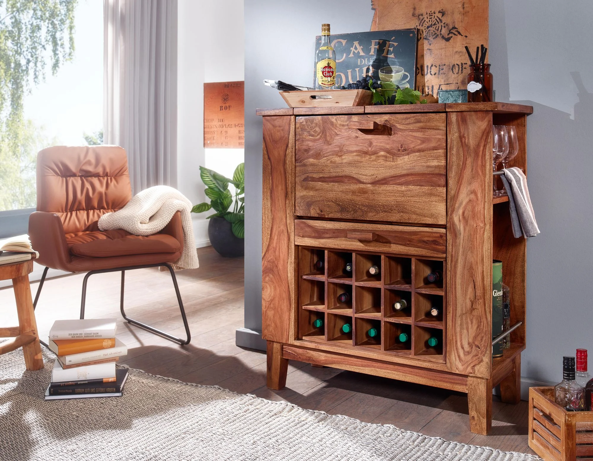 Hausbar Barschrank Weinregal BARLO Massivholz Sheesham Landhausstil - Fun Möbel