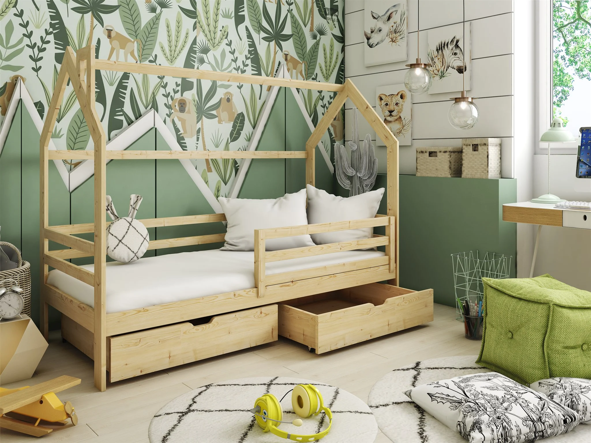 Hausbett Kinderbett BELLI 200x90cm Kiefer Massiv Natur inkl. Rollrost - Fun Möbel