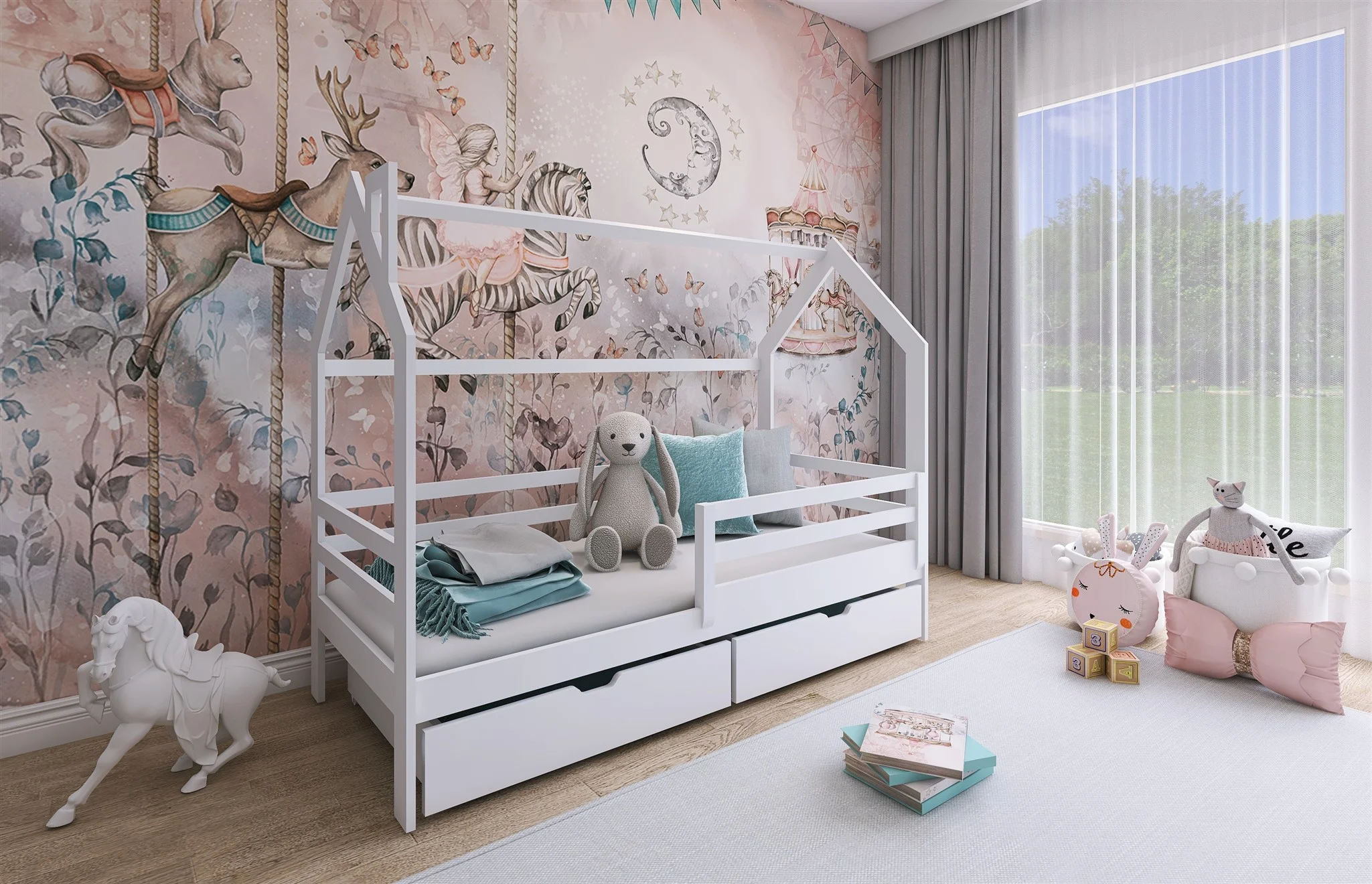 Hausbett Kinderbett BELLI 200x90cm Kiefer Massiv Weiß inkl. Rollrost - Fun Möbel