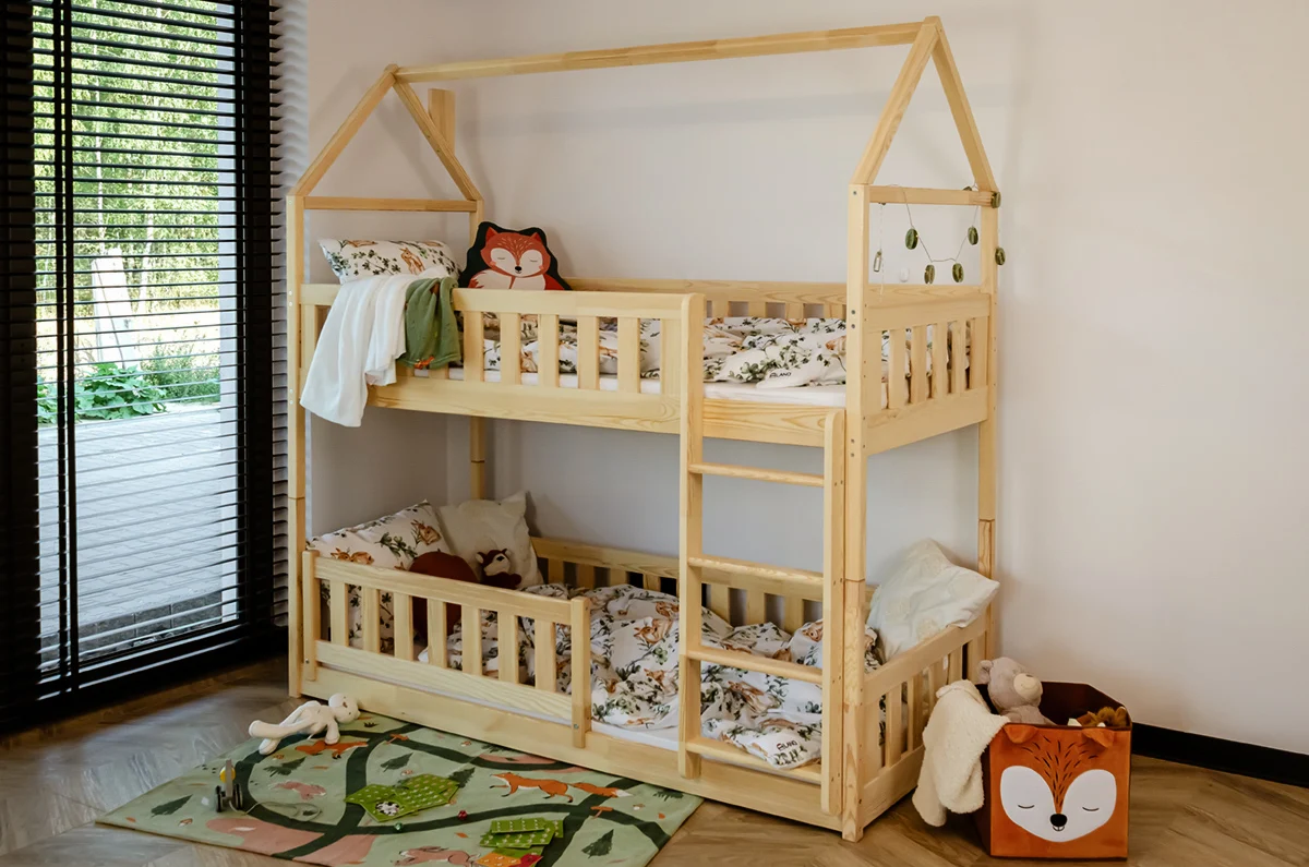 OUTLET Hochbett Etagenbett Hausbett Kinderbett GRITT 200x90cm Kiefer Massiv Natur - Fun Möbel