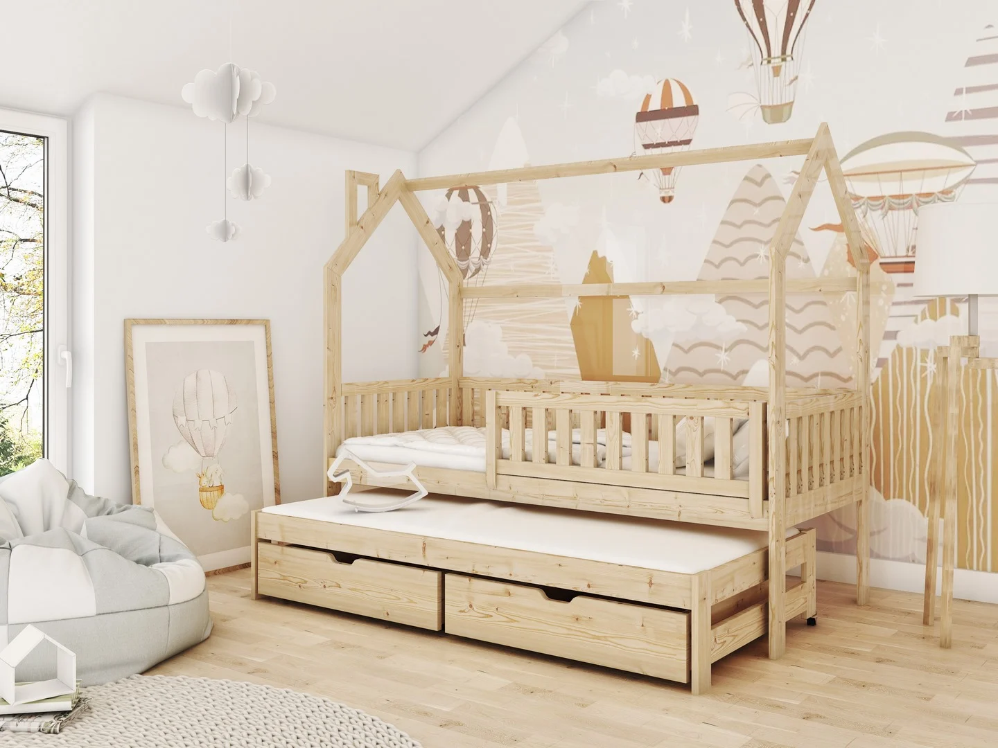 Hausbett Kinderbett MARCY 200x90cm Kiefer Massiv Natur inkl. Zusatzbett - Fun Möbel