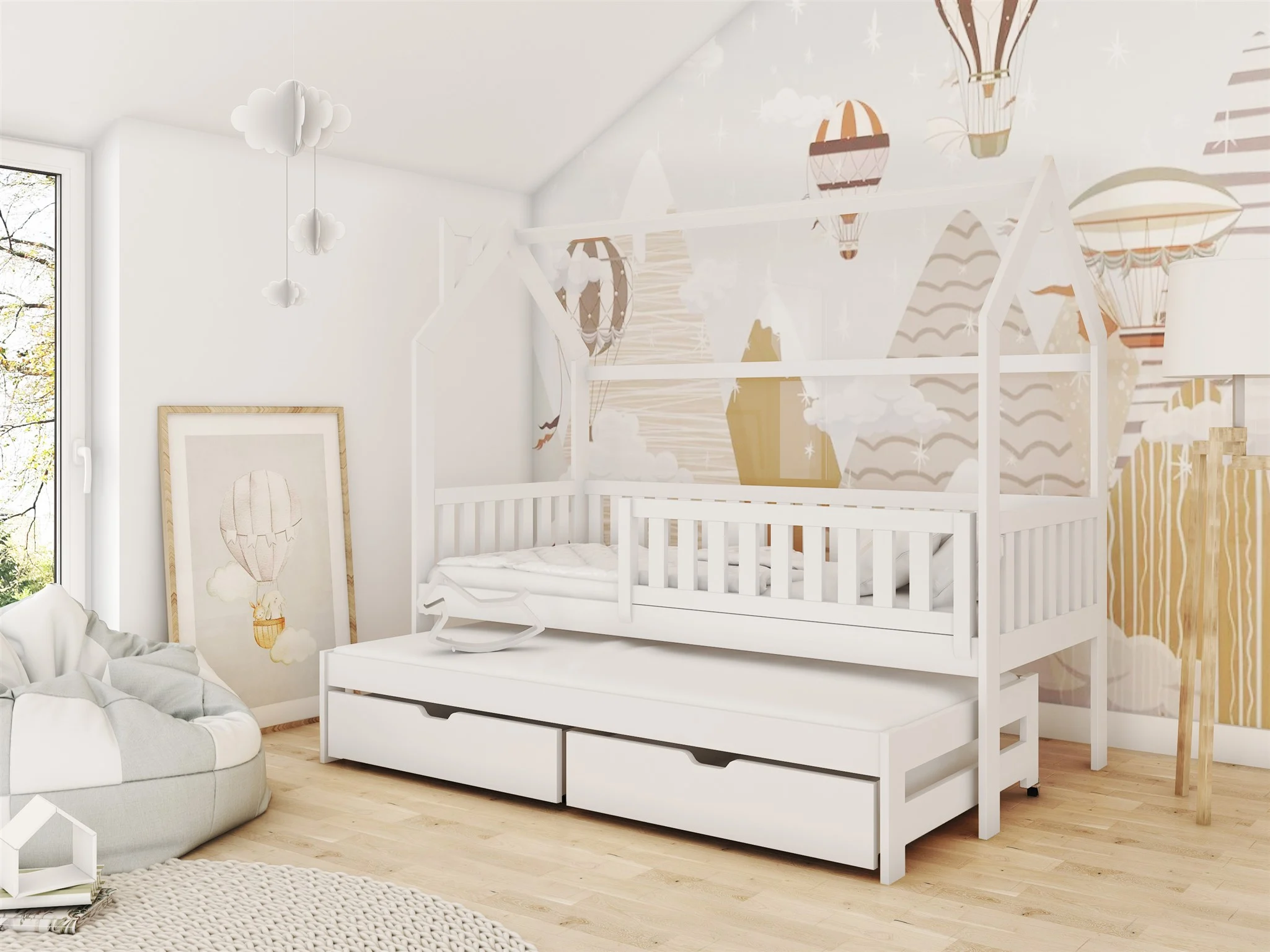Hausbett Kinderbett MARCY 200x90cm Kiefer Massiv Weiß inkl. Zusatzbett - Fun Möbel