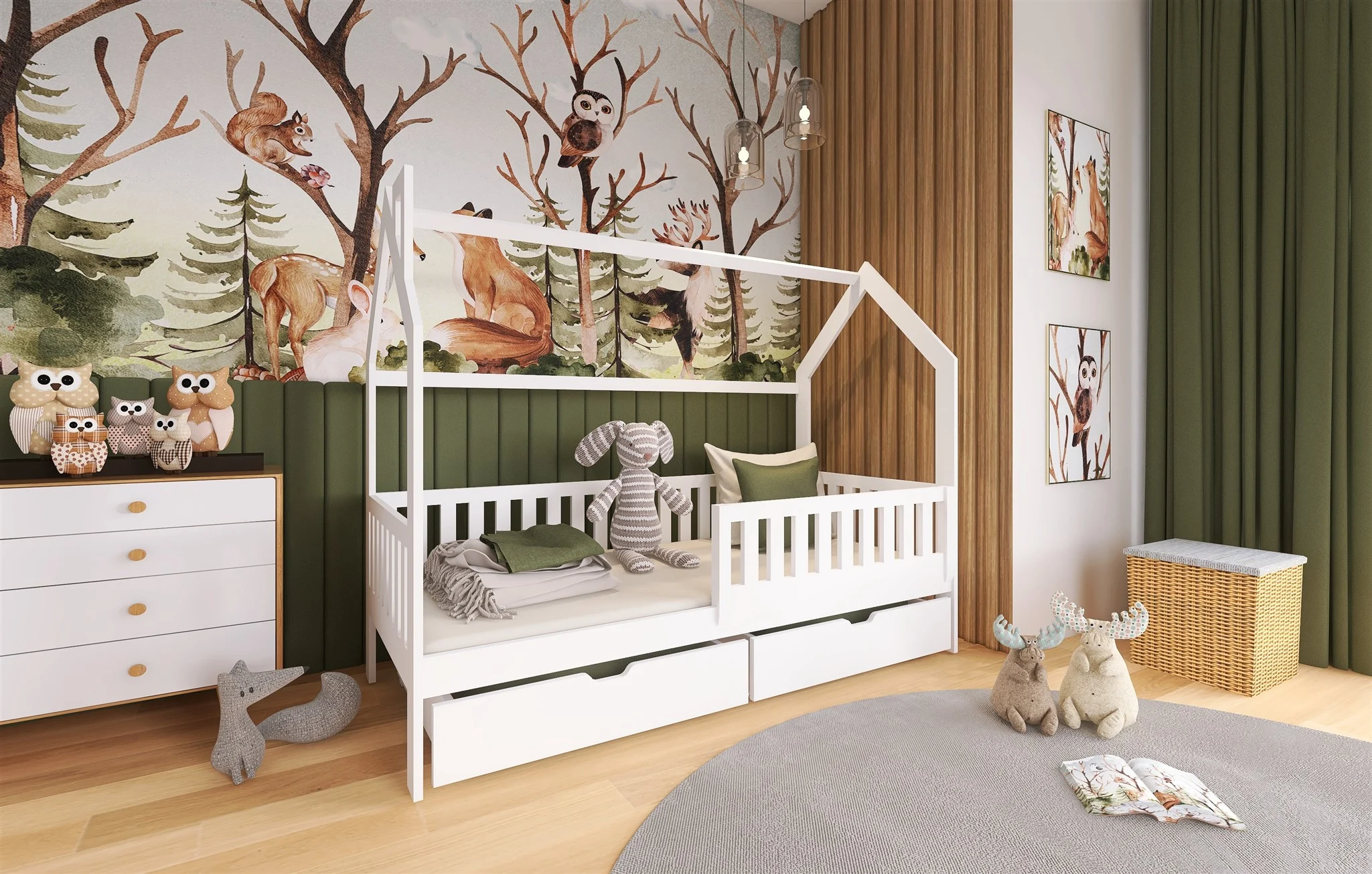 Hausbett Kinderbett NEILA 200x90cm Kiefer Massiv Weiß inkl. Rollrost - Fun Möbel