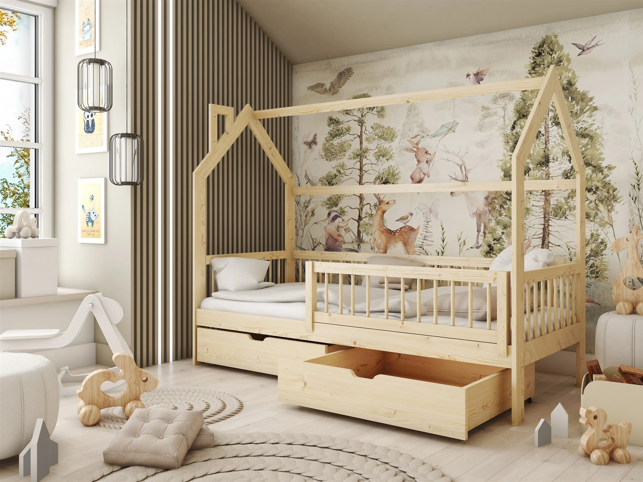 Hausbett Kinderbett NIKOLE 200x90cm Kiefer Massiv Natur inkl. Rollrost - Fun Möbel