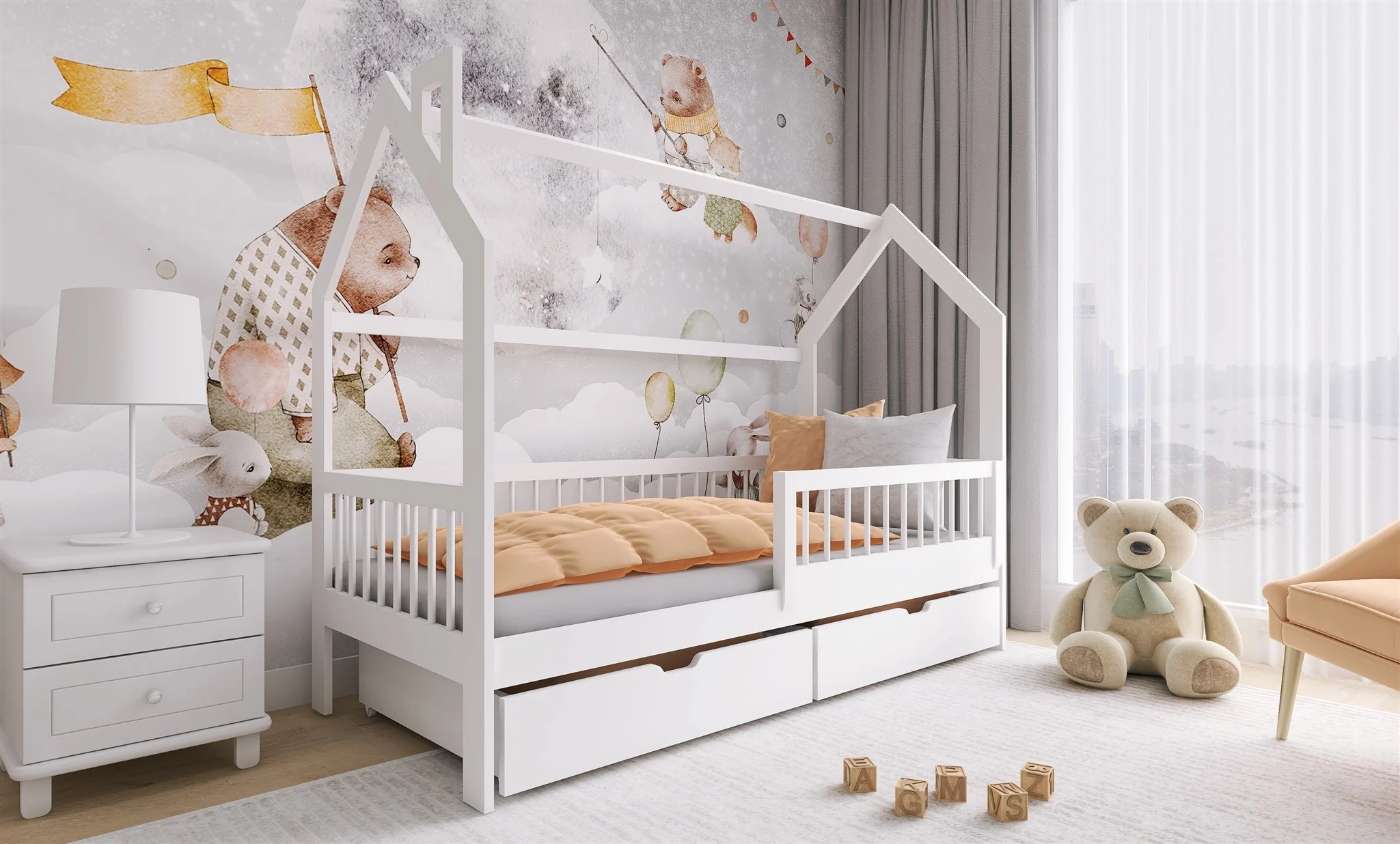 Hausbett Kinderbett NIKOLE 200x90cm Kiefer Massiv Weiß inkl. Rollrost - Fun Möbel