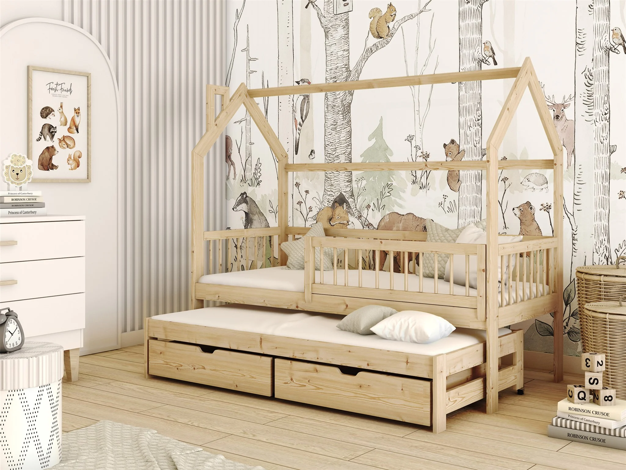 Hausbett Kinderbett PERLE 200x90cm Kiefer Massiv Natur inkl. Zusatzbett - Fun Möbel