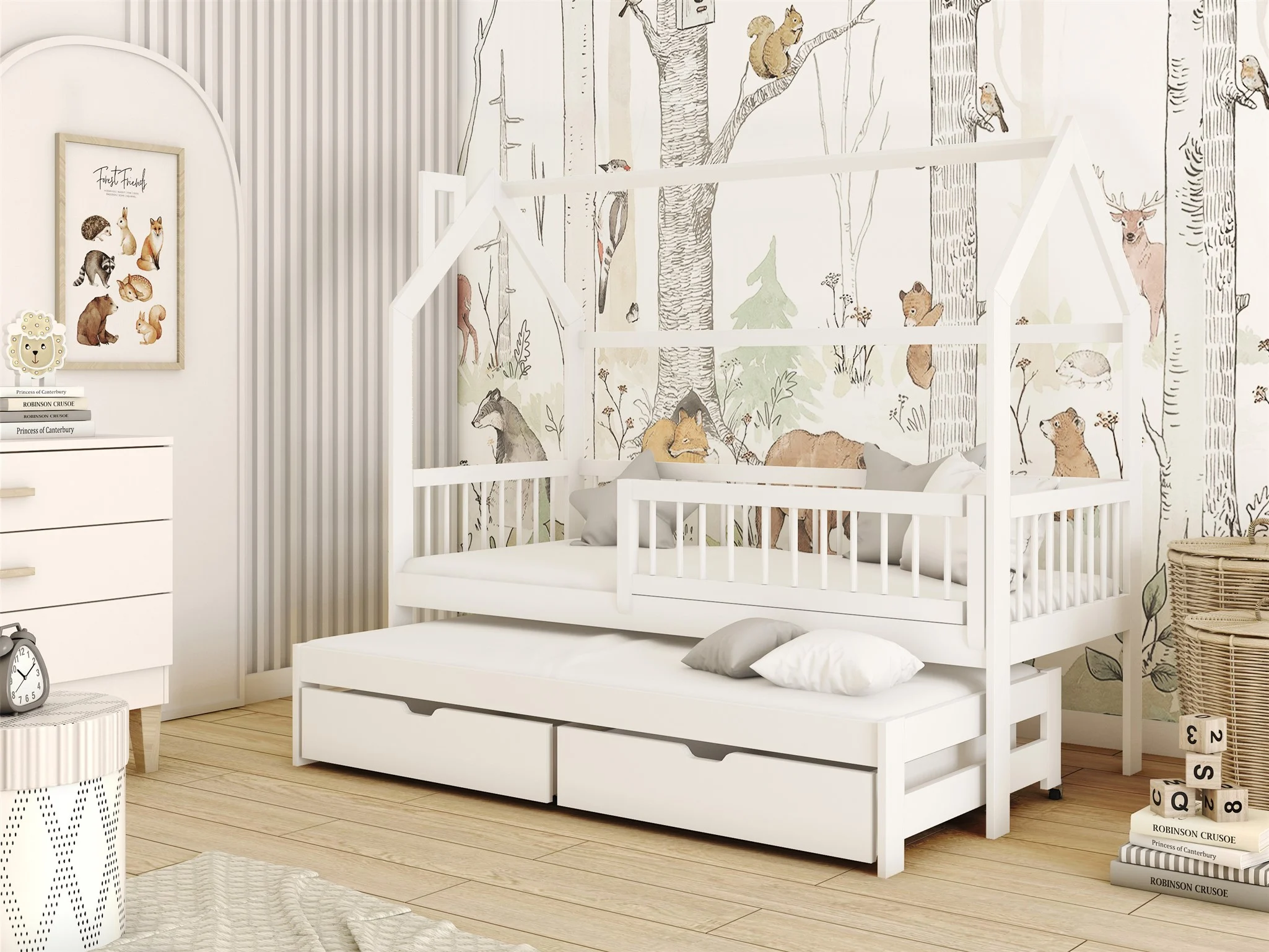 Hausbett Kinderbett PERLE 200x90cm Kiefer Massiv Weiß inkl. Zusatzbett - Fun Möbel