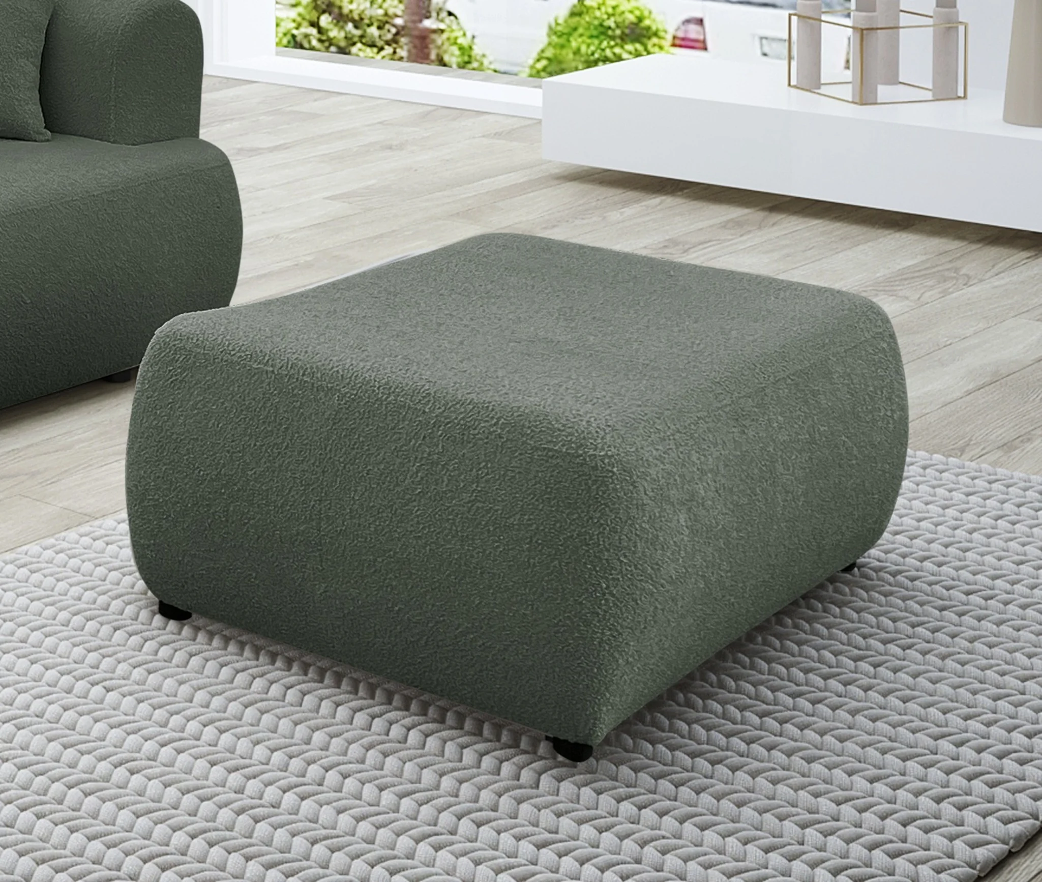 Polsterhocker Designerhocker Hocker ANIKE in Stoff Now or Never Grüngrau - Fun Möbel