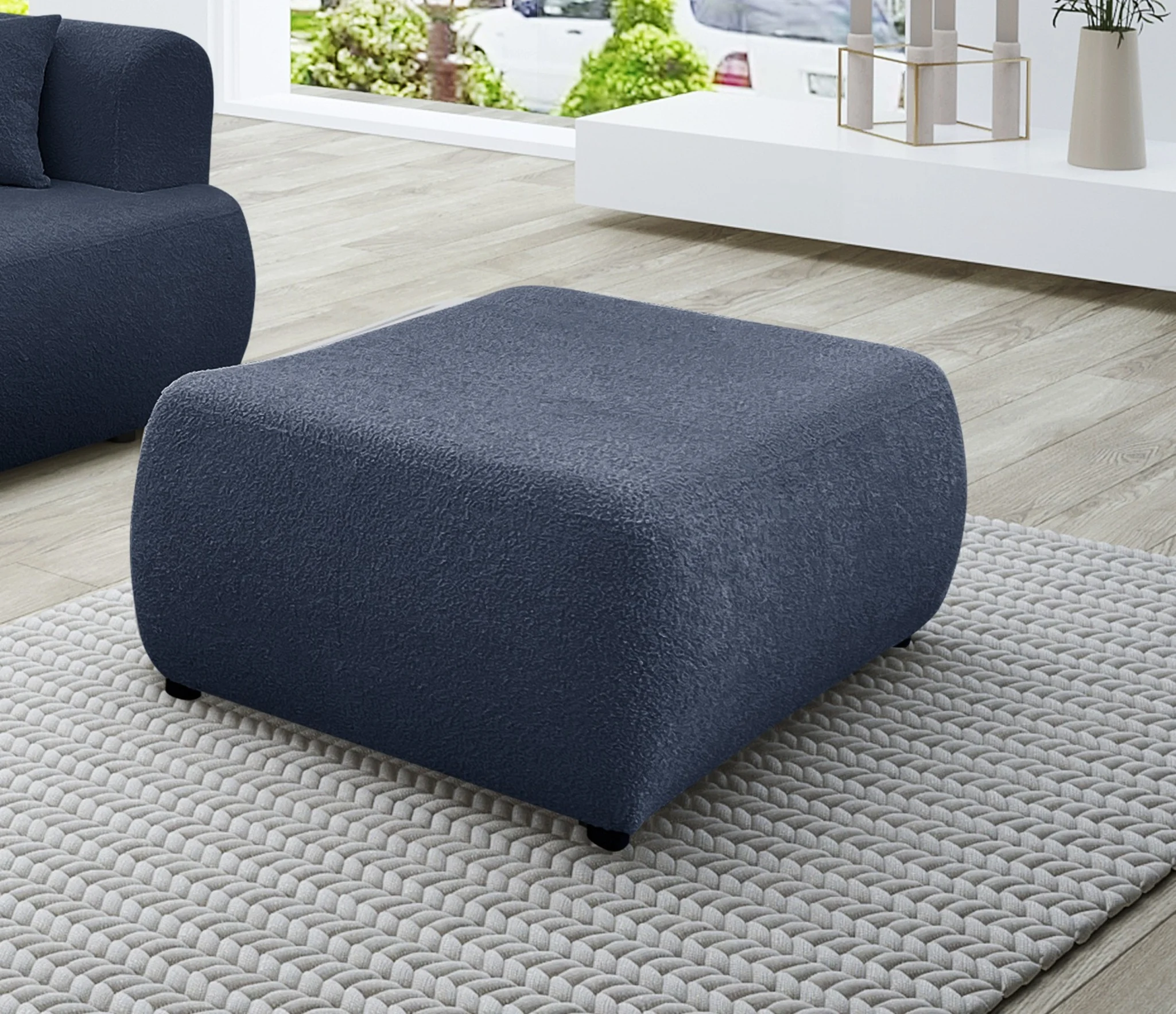 Polsterhocker Designerhocker Hocker ANIKE in Stoff Now or Never Dunkelblau - Fun Möbel