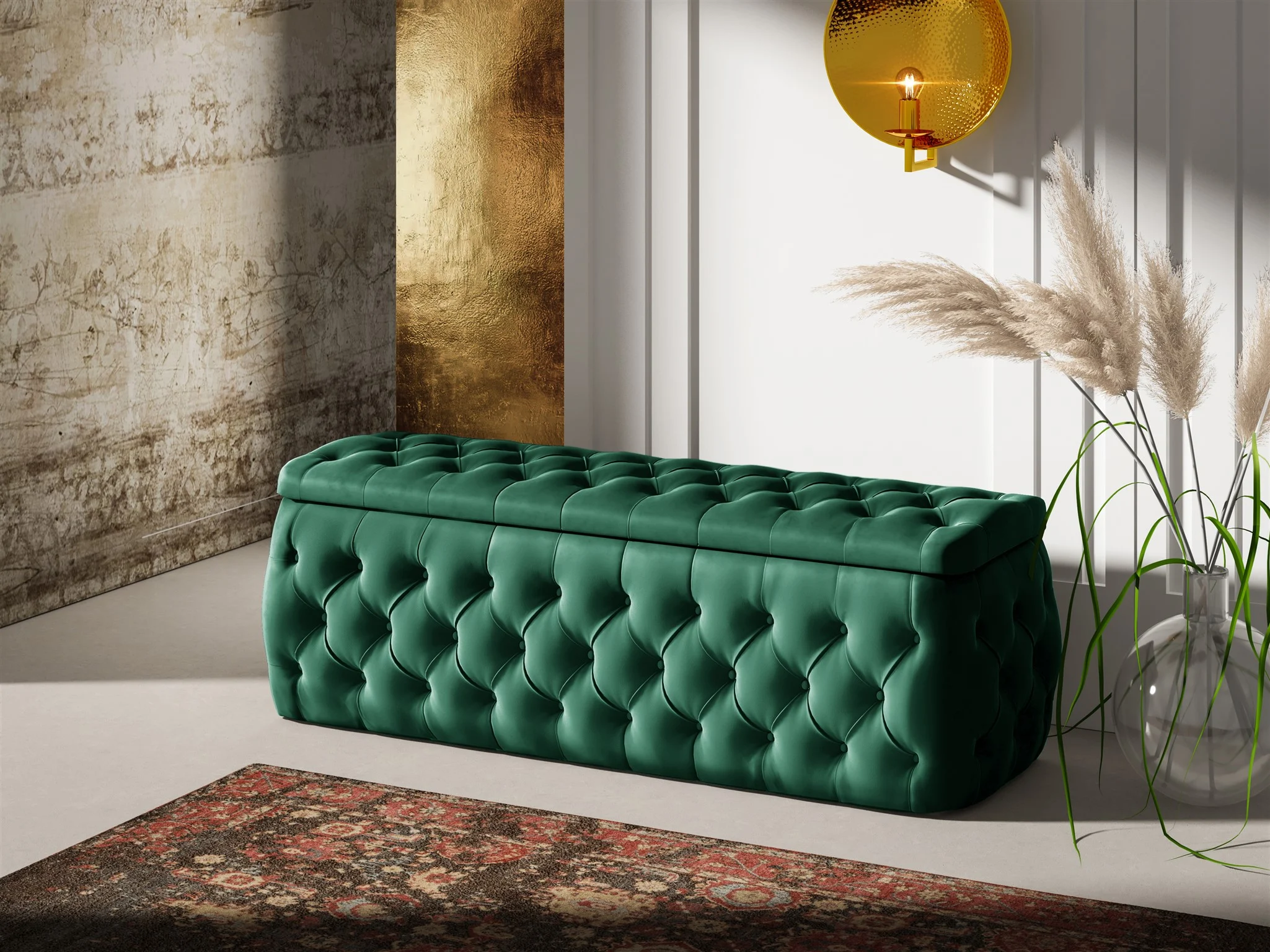 Polsterhocker mit Stauraum ERNESTO 120x50x45 cm Elisa Velvet Dunkelgrün - Fun Möbel