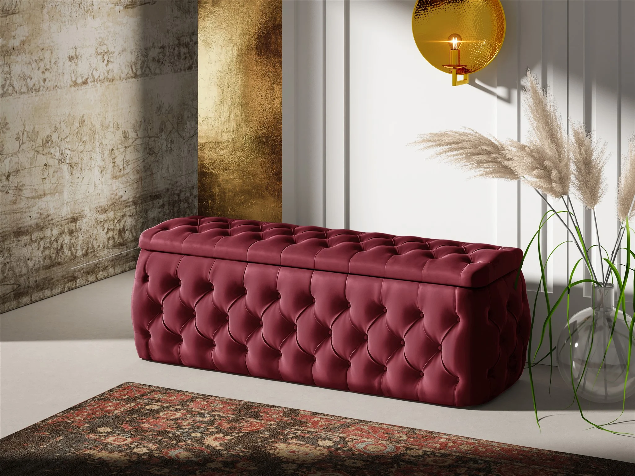 Polsterhocker mit Stauraum ERNESTO 120x50x45 cm Elisa Velvet Bordeauxrot - Fun Möbel