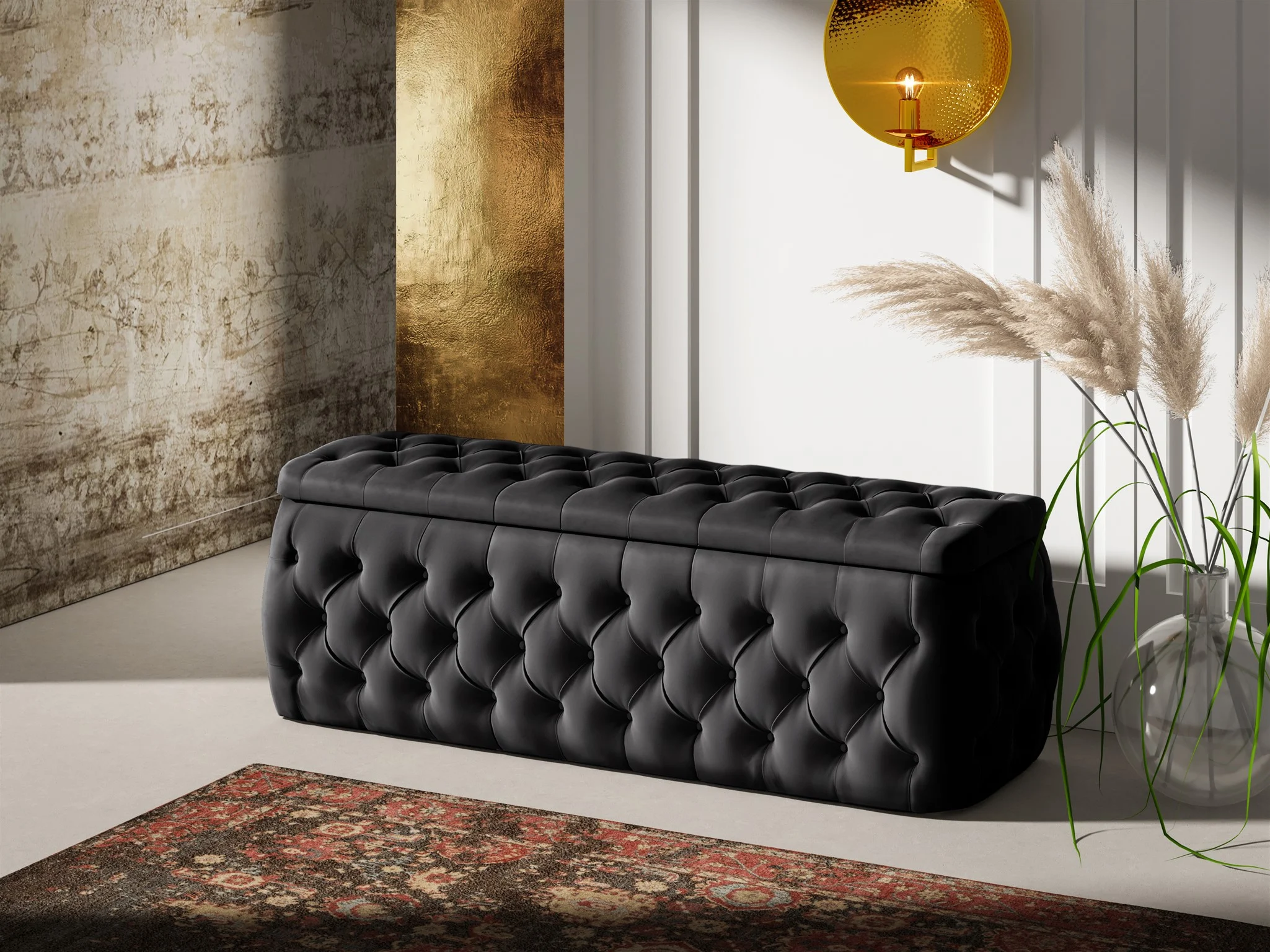 Polsterhocker mit Stauraum ERNESTO 120x50x45 cm Elisa Velvet Schwarz - Fun Möbel