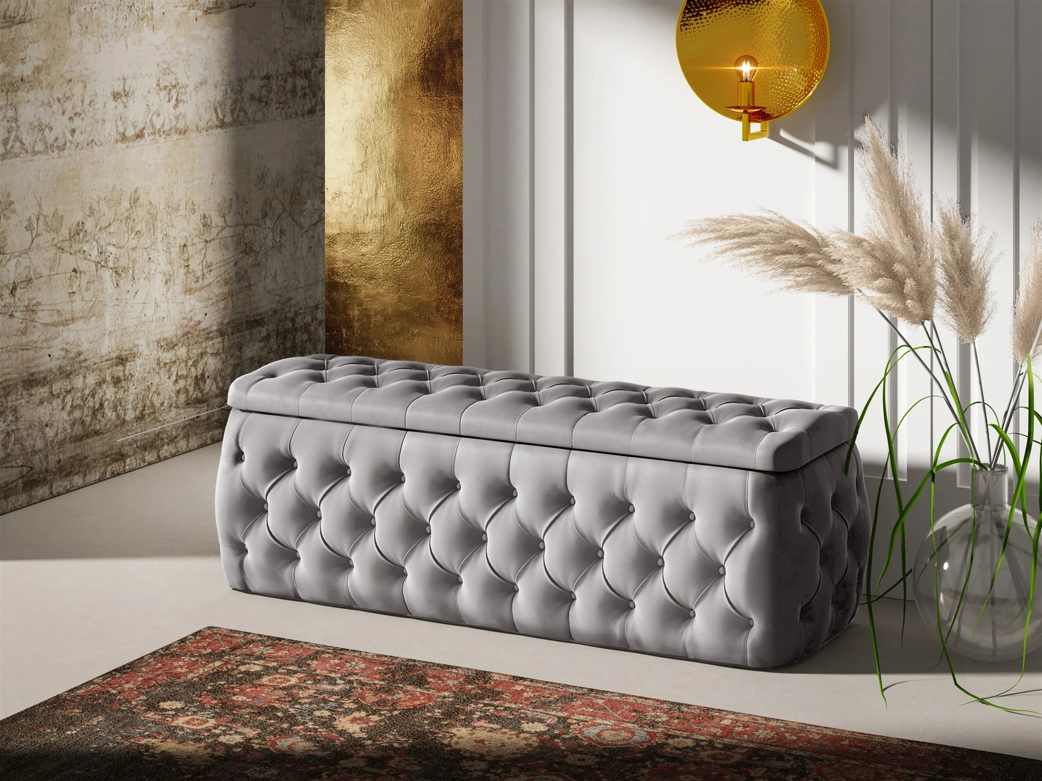 Polsterhocker mit Stauraum ERNESTO 120x50x45 cm Elisa Velvet Hellgrau - Fun Möbel