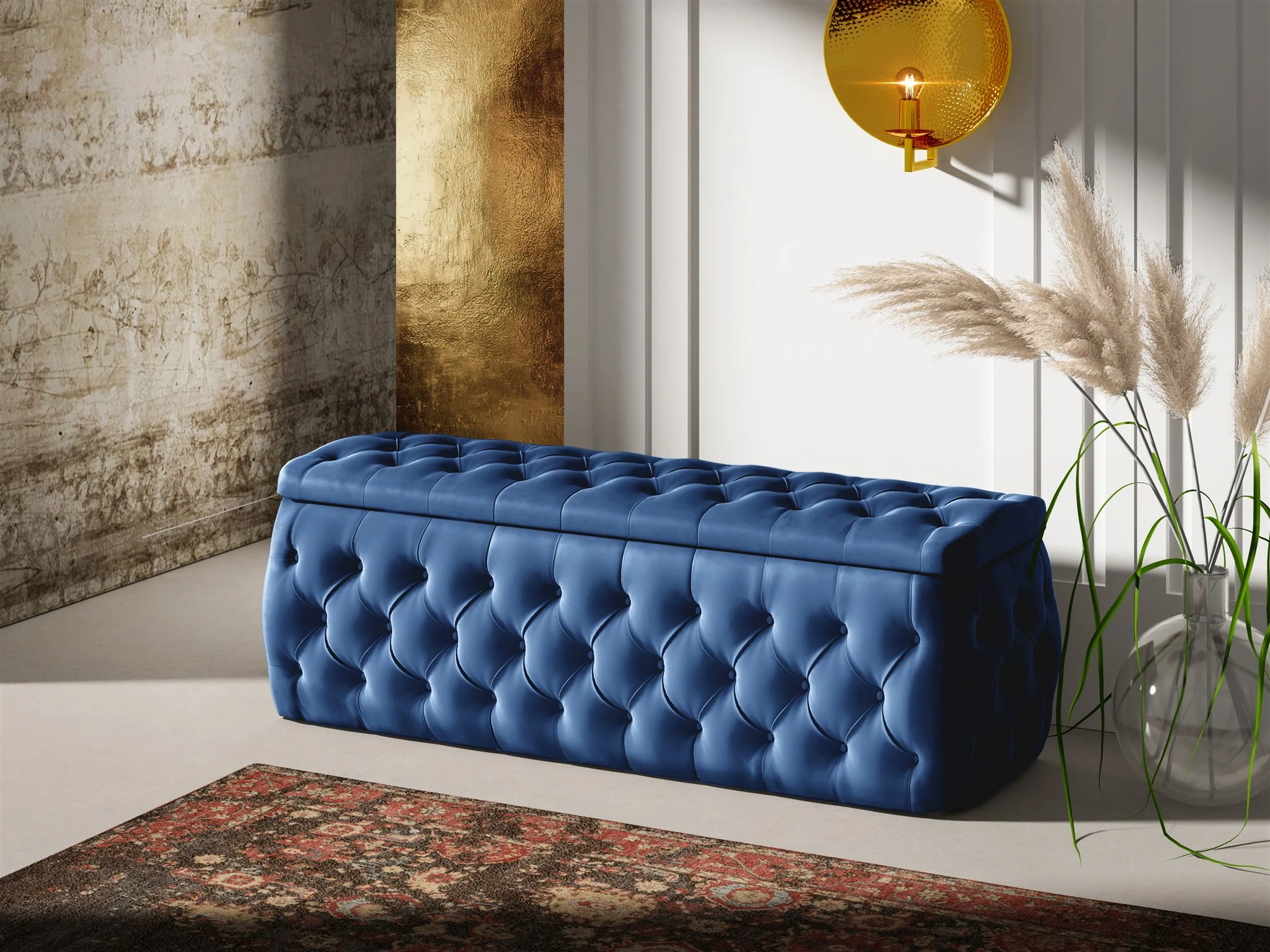 Polsterhocker mit Stauraum ERNESTO 140x50x45 cm Elisa Velvet Blau - Fun Möbel