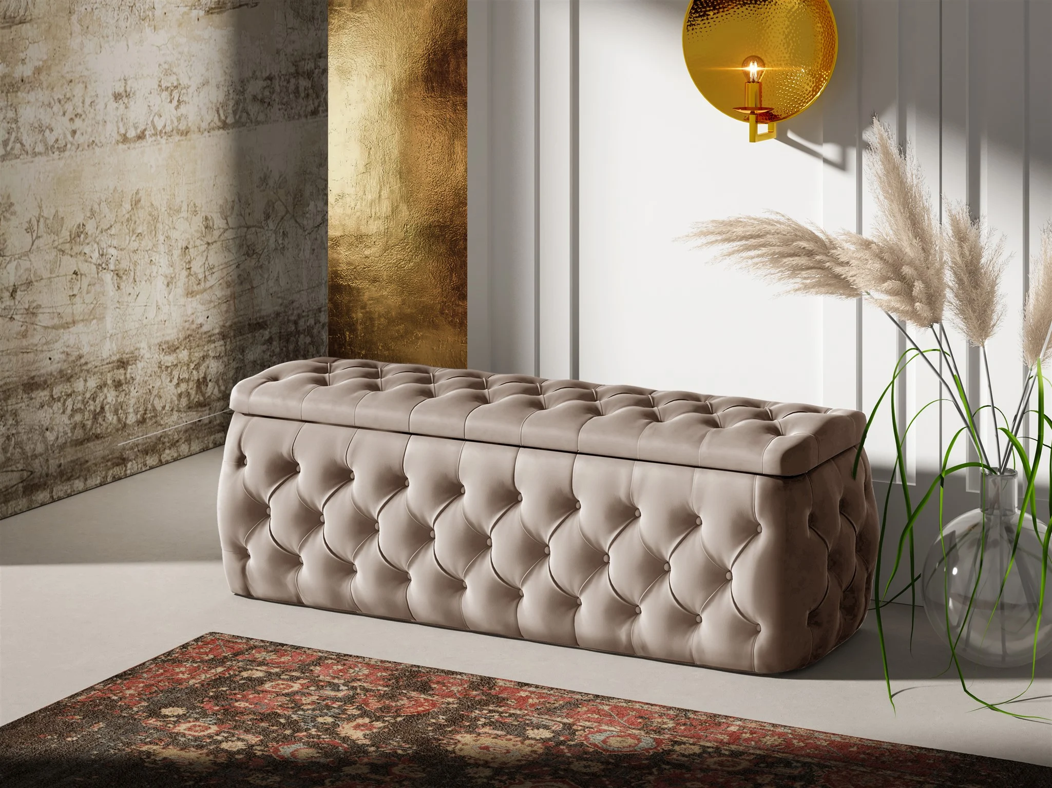 Polsterhocker mit Stauraum ERNESTO 140x50x45 cm Elisa Velvet Beige - Fun Möbel