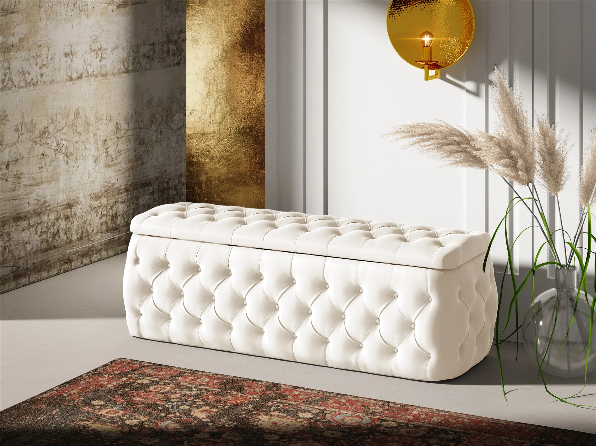 Polsterhocker mit Stauraum ERNESTO 140x50x45 cm Elisa Velvet Cremeweiß - Fun Möbel