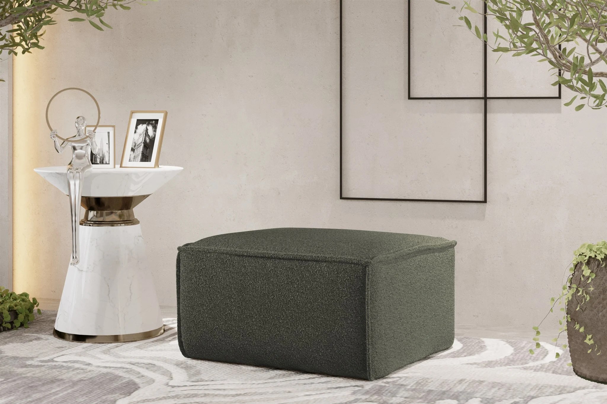 Polsterhocker Designerhocker CELES PREMIUM 65x65 cm Stoff Ascot Bukla Moosgrün - Fun Möbel