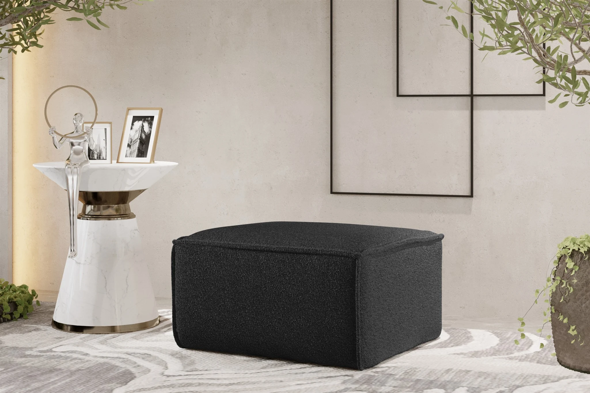 Polsterhocker Designerhocker CELES PREMIUM 65x65 cm Stoff Ascot Bukla Schwarz - Fun Möbel