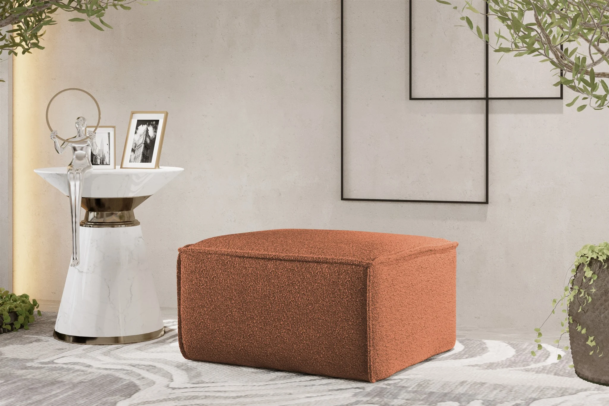Polsterhocker Designerhocker CELES PREMIUM 65x65 cm Stoff Ascot Bukla Terracotta - Fun Möbel