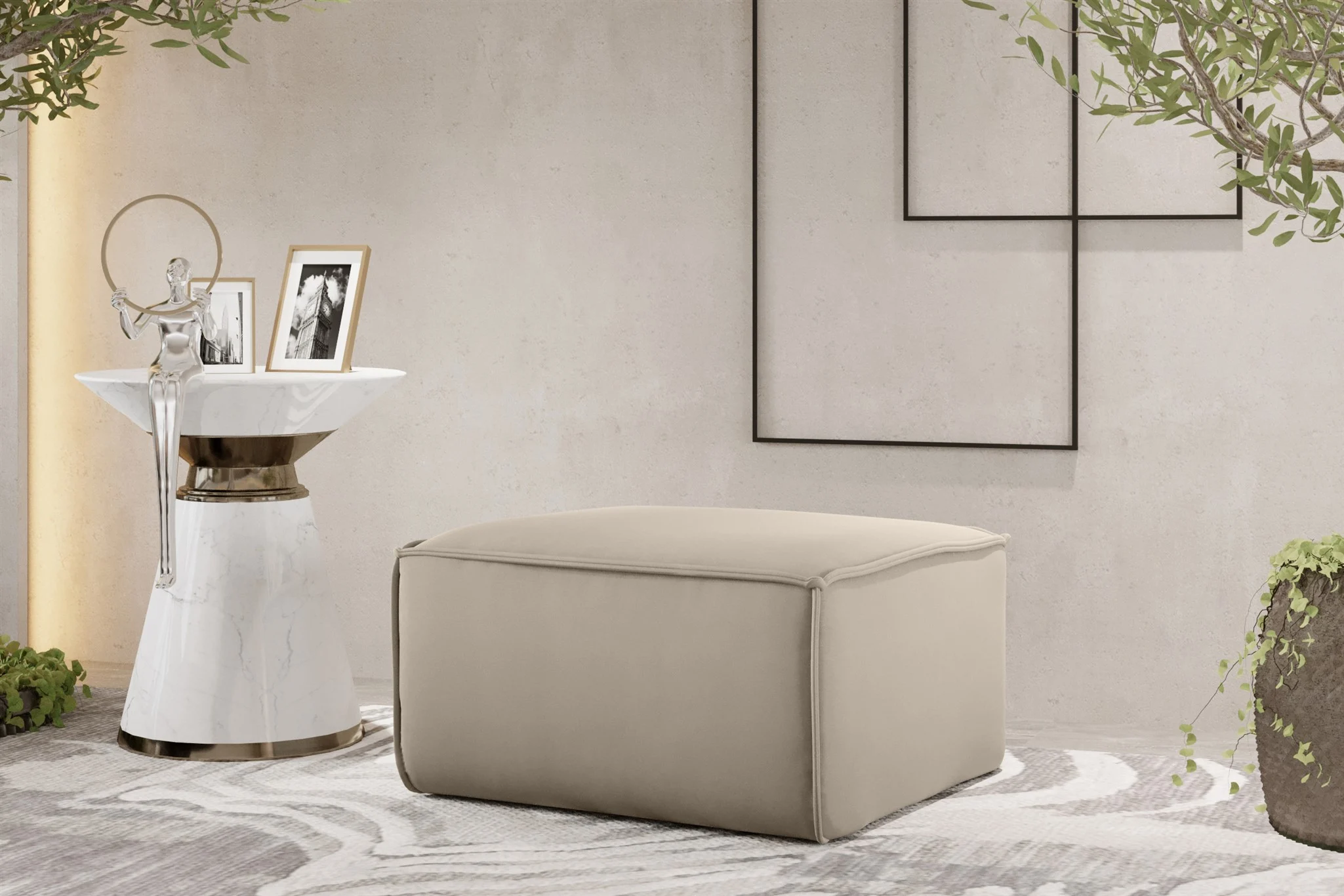 Polsterhocker Designerhocker CELES PREMIUM 65x65 cm Stoff Opera Velvet Beige - Fun Möbel