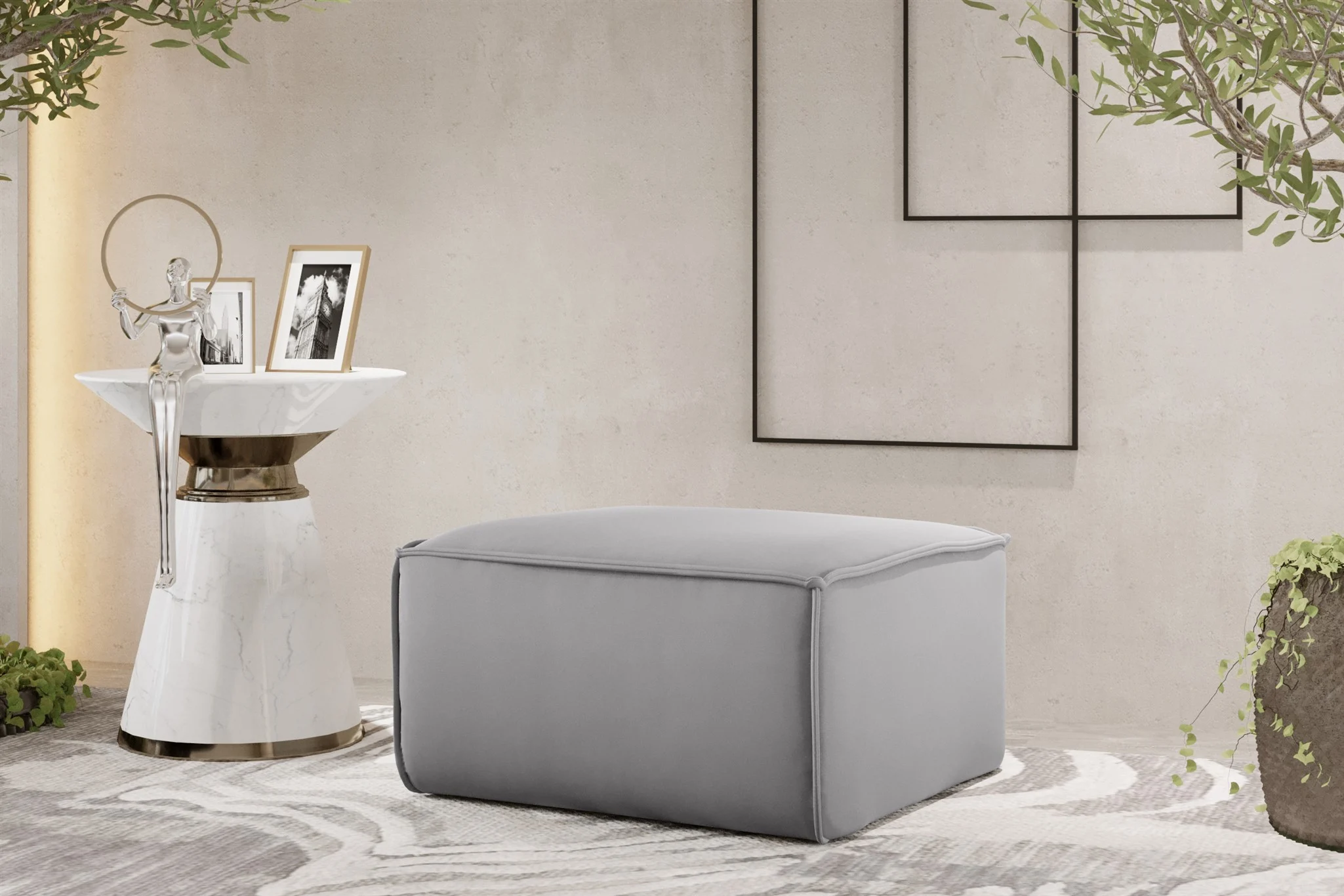 Polsterhocker Designerhocker CELES PREMIUM 65x65 cm Stoff Opera Velvet Hellgrau - Fun Möbel