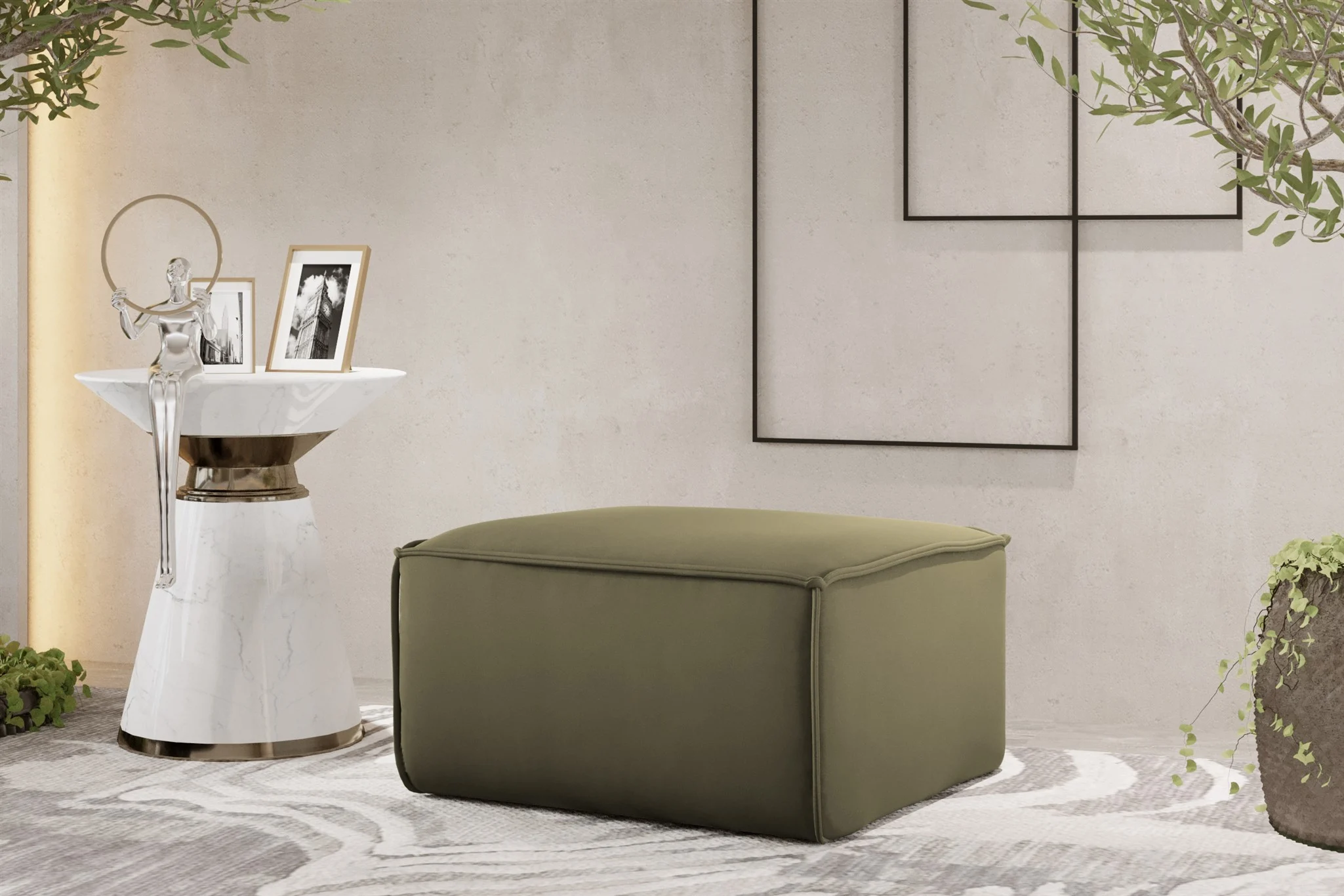 Polsterhocker Designerhocker CELES PREMIUM 65x65 cm Stoff Opera Velvet Olivgrün - Fun Möbel