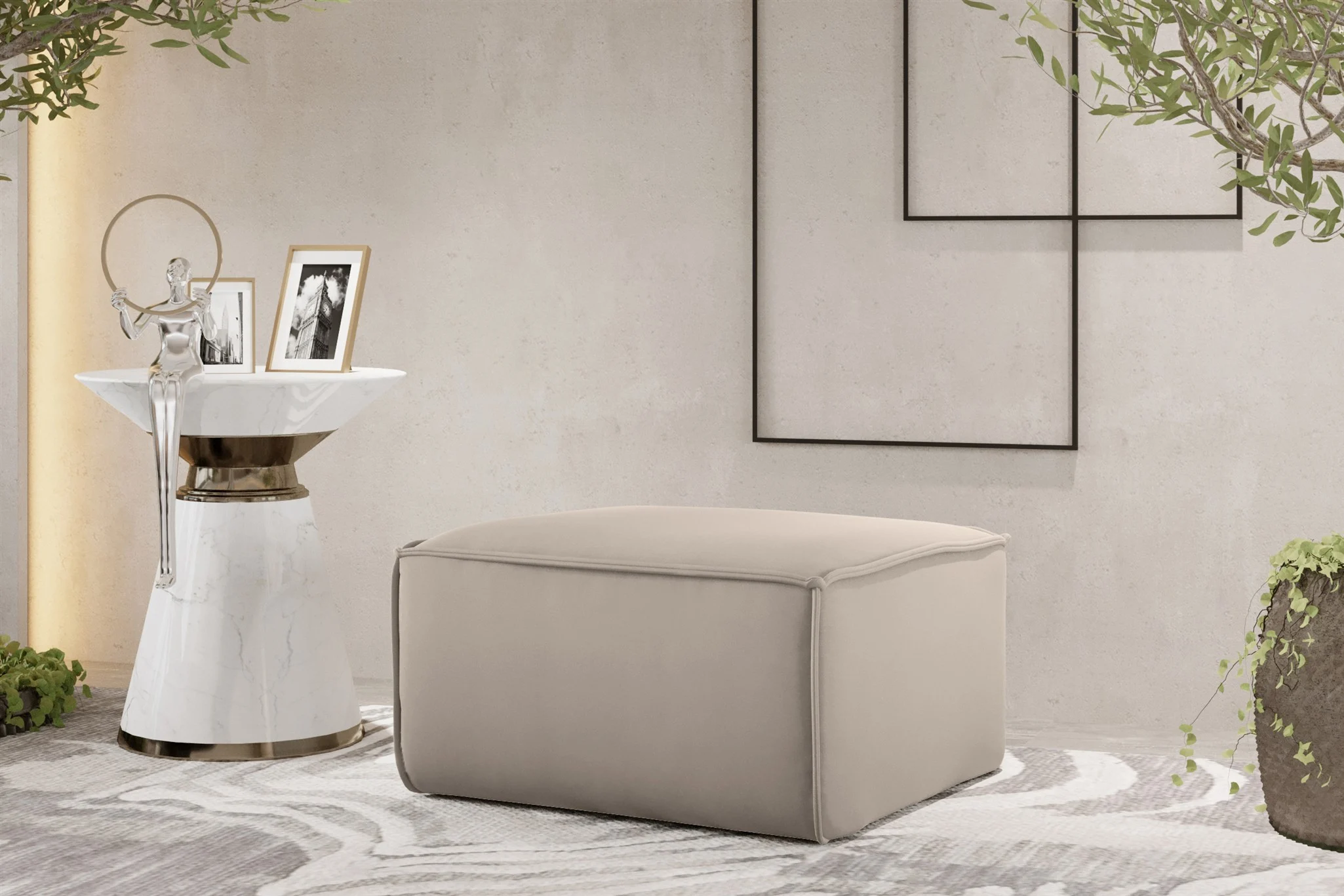 Polsterhocker Designerhocker CELES PREMIUM 65x65 cm Stoff Opera Velvet Sand - Fun Möbel
