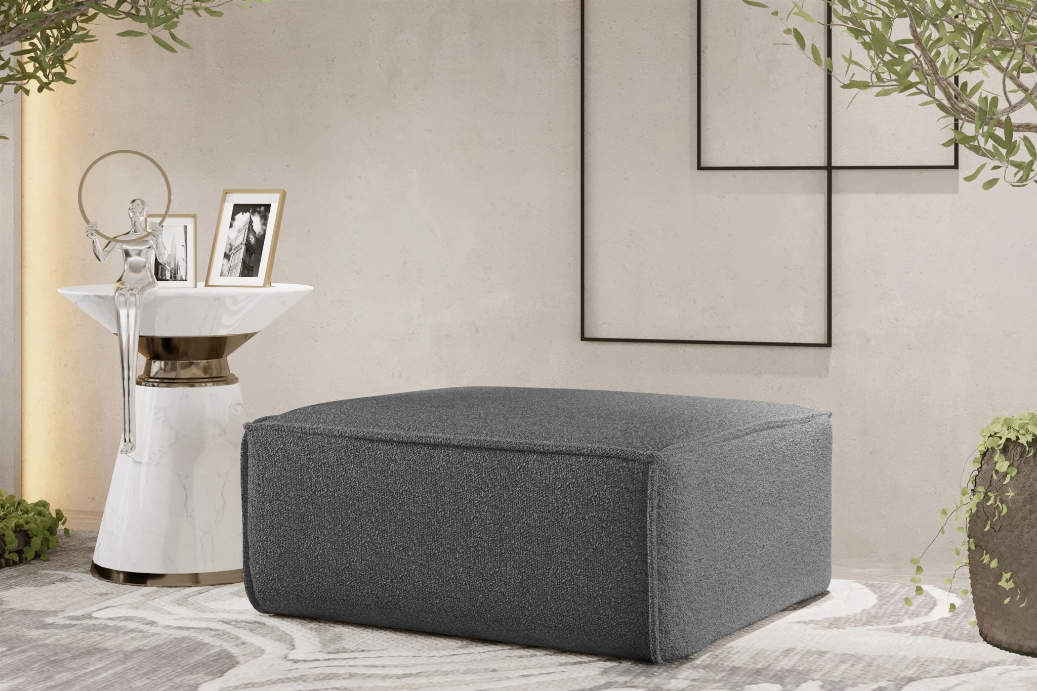 Polsterhocker Designerhocker CELES PREMIUM 85x85 cm Stoff Ascot Bukla Graphit - Fun Möbel