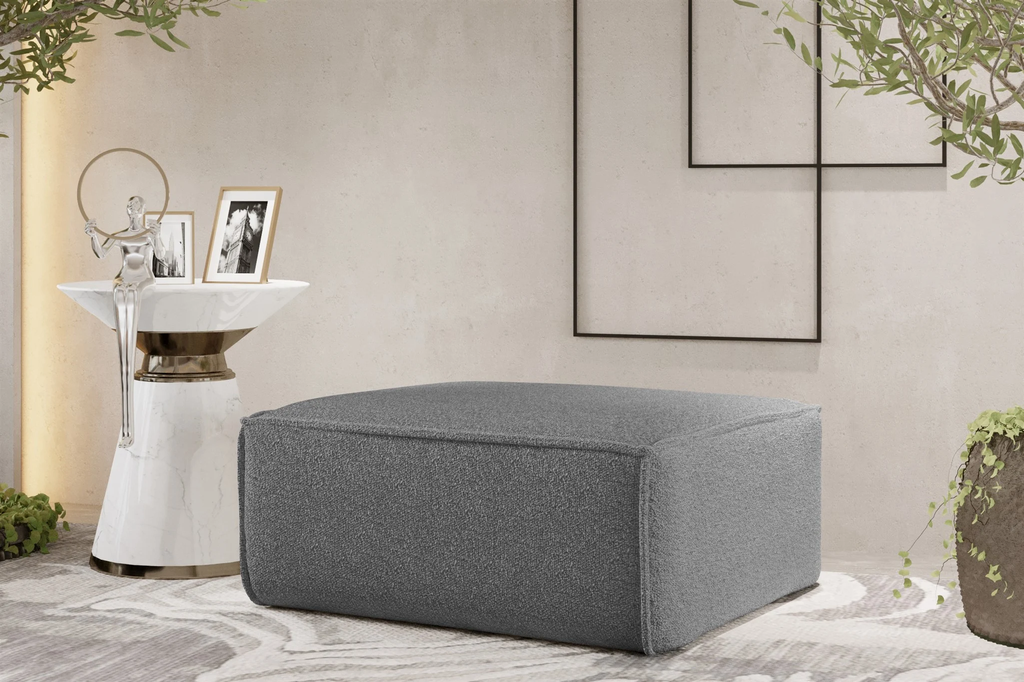 Polsterhocker Designerhocker CELES PREMIUM 85x85 cm Stoff Ascot Bukla Grau - Fun Möbel