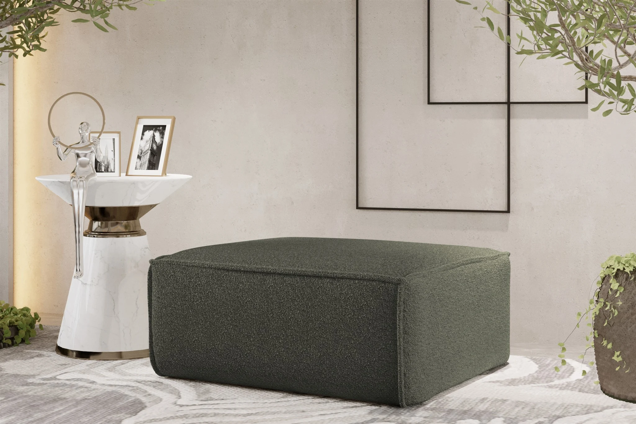 Polsterhocker Designerhocker CELES PREMIUM 85x85 cm Stoff Ascot Bukla Moosgrün - Fun Möbel