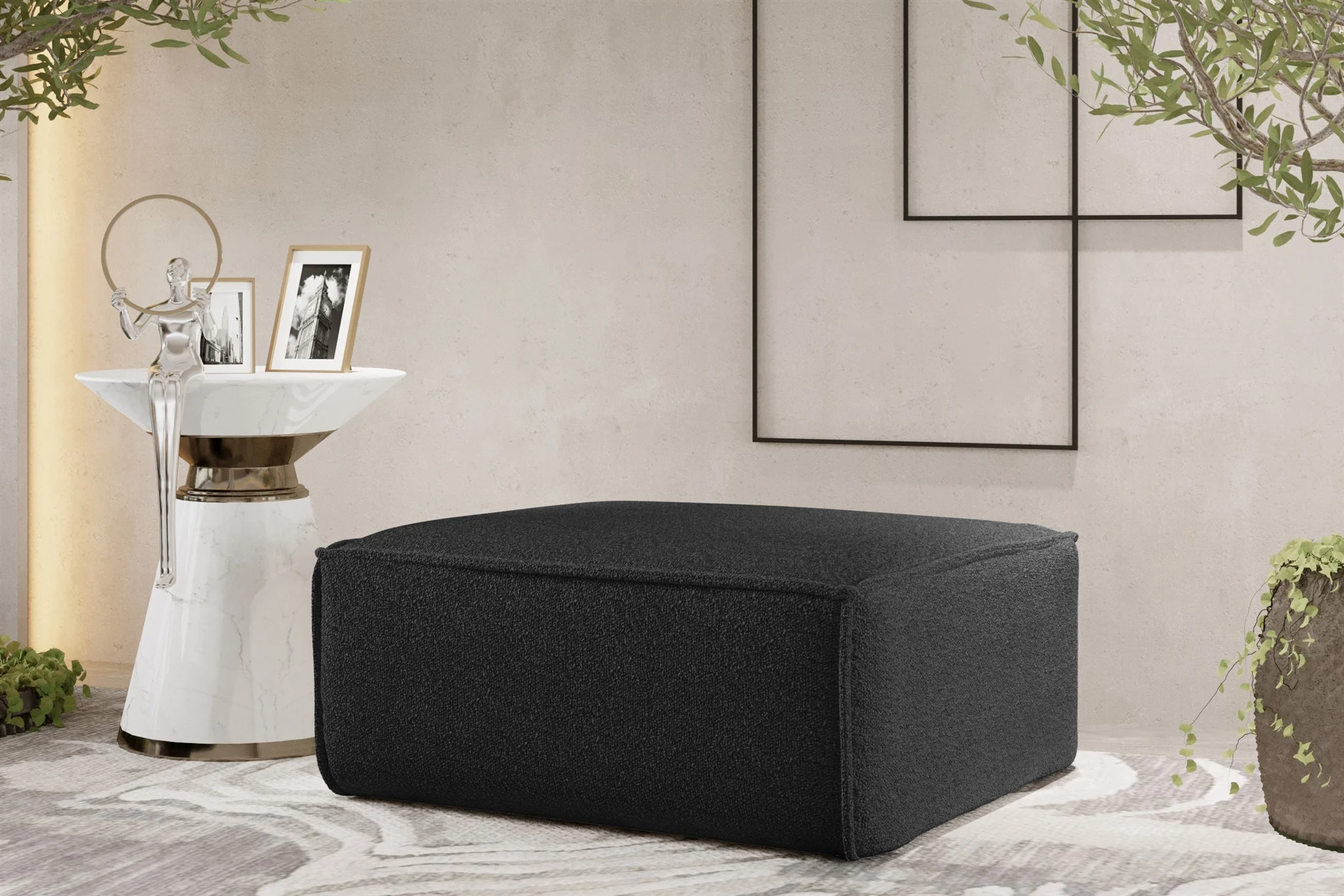 Polsterhocker Designerhocker CELES PREMIUM 85x85 cm Stoff Ascot Bukla Schwarz - Fun Möbel