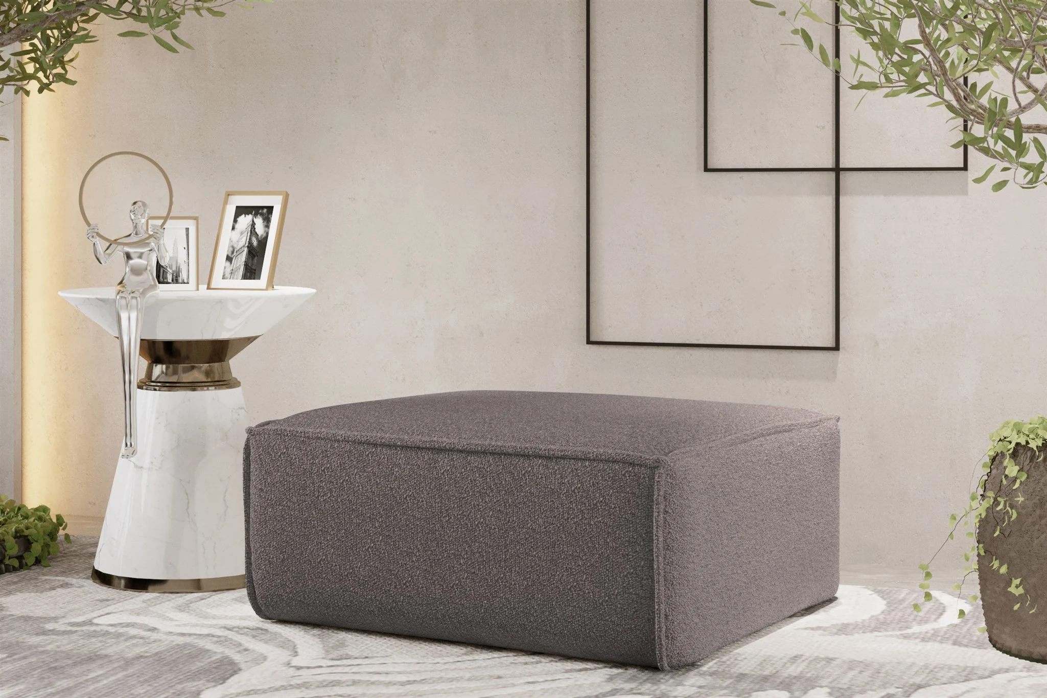 Polsterhocker Designerhocker CELES PREMIUM 85x85 cm Stoff Ascot Bukla Taupe - Fun Möbel