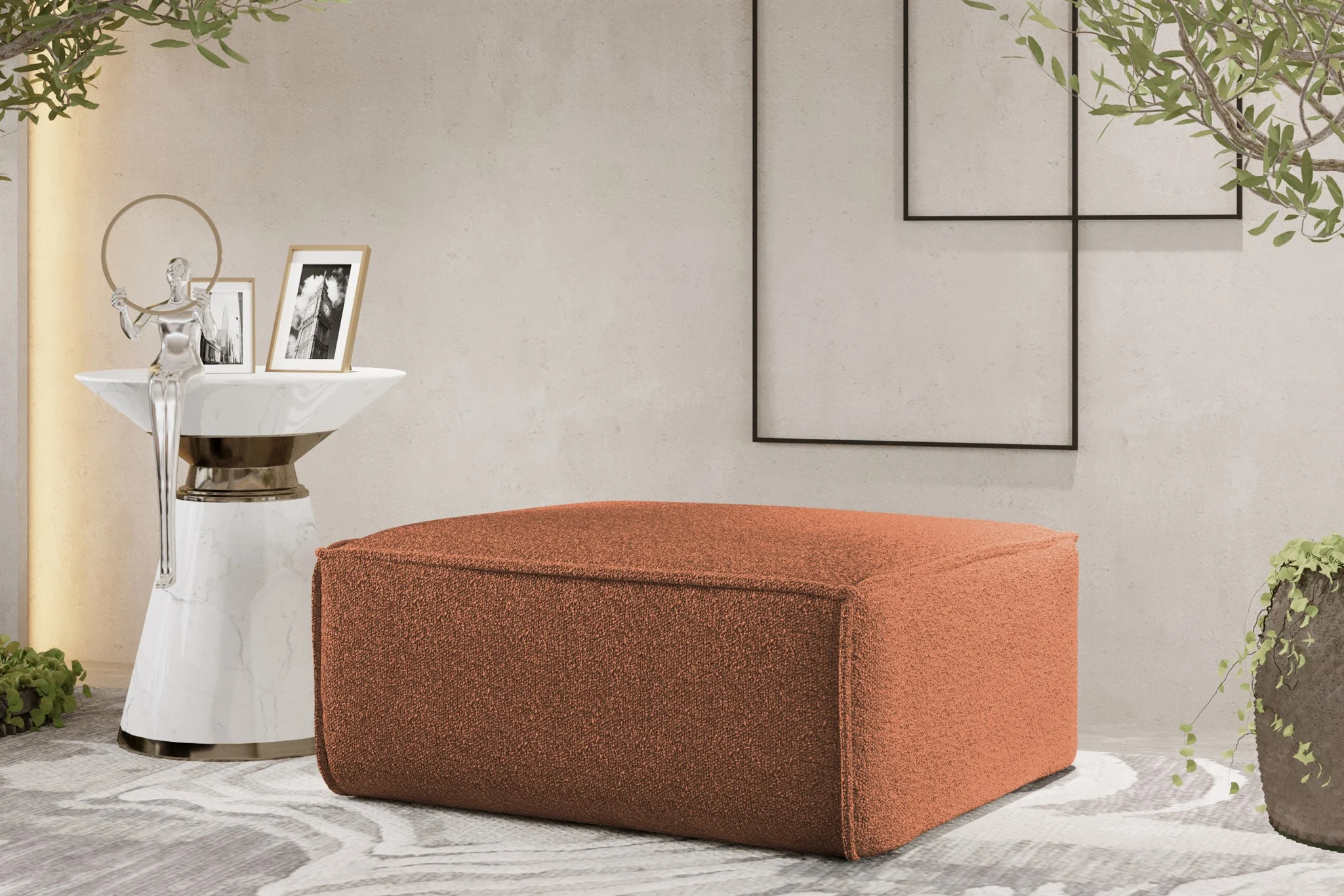 Polsterhocker Designerhocker CELES PREMIUM 85x85 cm Stoff Ascot Bukla Terracotta - Fun Möbel