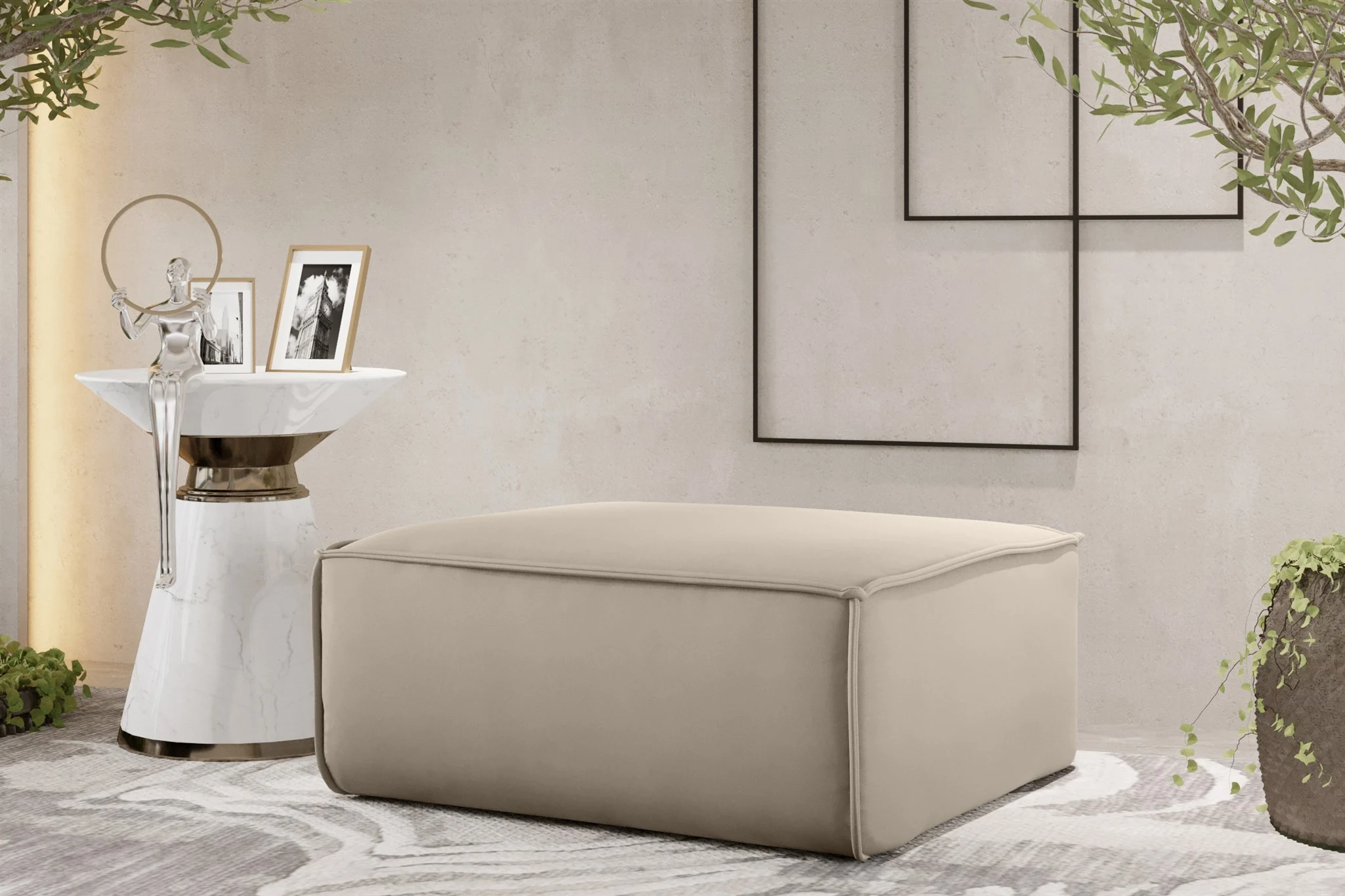 Polsterhocker Designerhocker CELES PREMIUM 85x85 cm Stoff Opera Velvet Beige - Fun Möbel