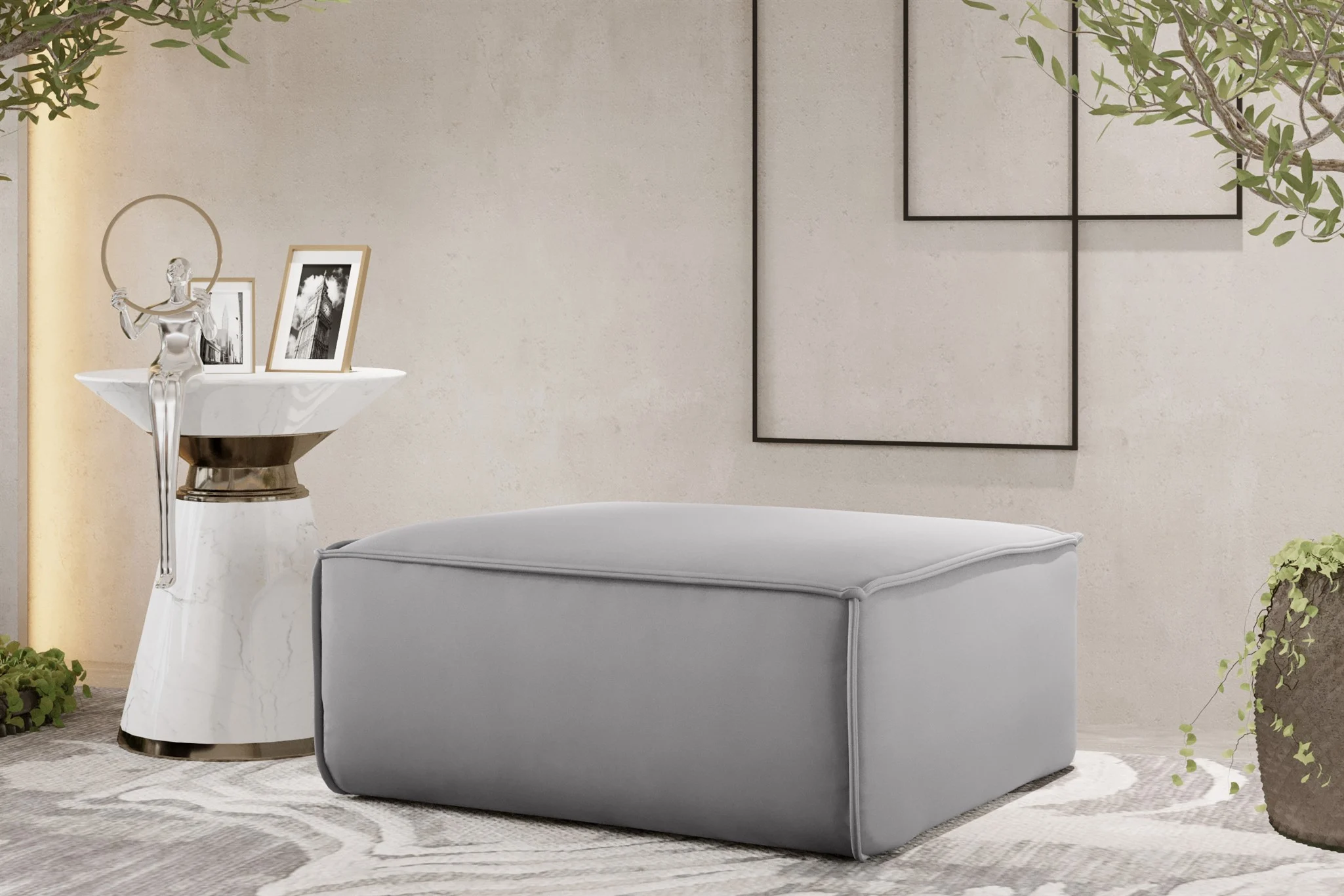 Polsterhocker Designerhocker CELES PREMIUM 85x85 cm Stoff Opera Velvet Hellgrau - Fun Möbel