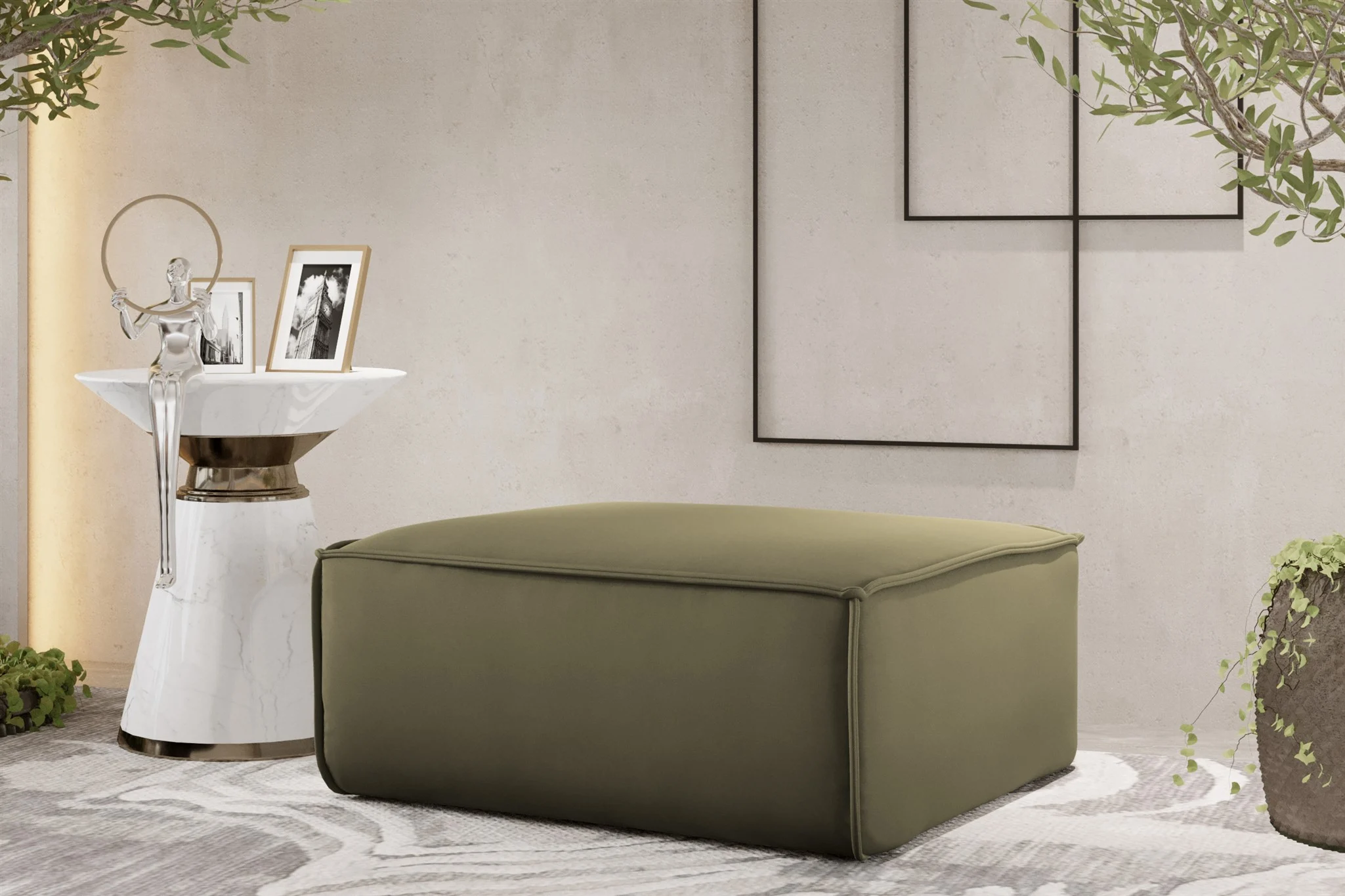 Polsterhocker Designerhocker CELES PREMIUM 85x85 cm Stoff Opera Velvet Olivgrün - Fun Möbel
