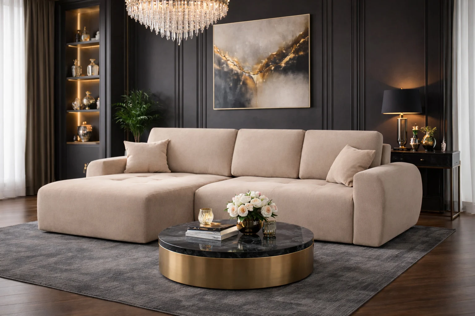 Ecksofa mit Schlaffunktion und Bettkasten, Sofa L-Form, Veloursstoff Salvador, Ivo L