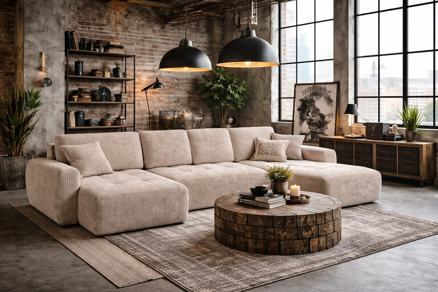 Ecksofa mit Schlaffunktion und Bettkasten, Sofa U-Form, Cordstoff Poso, Ivo U XL