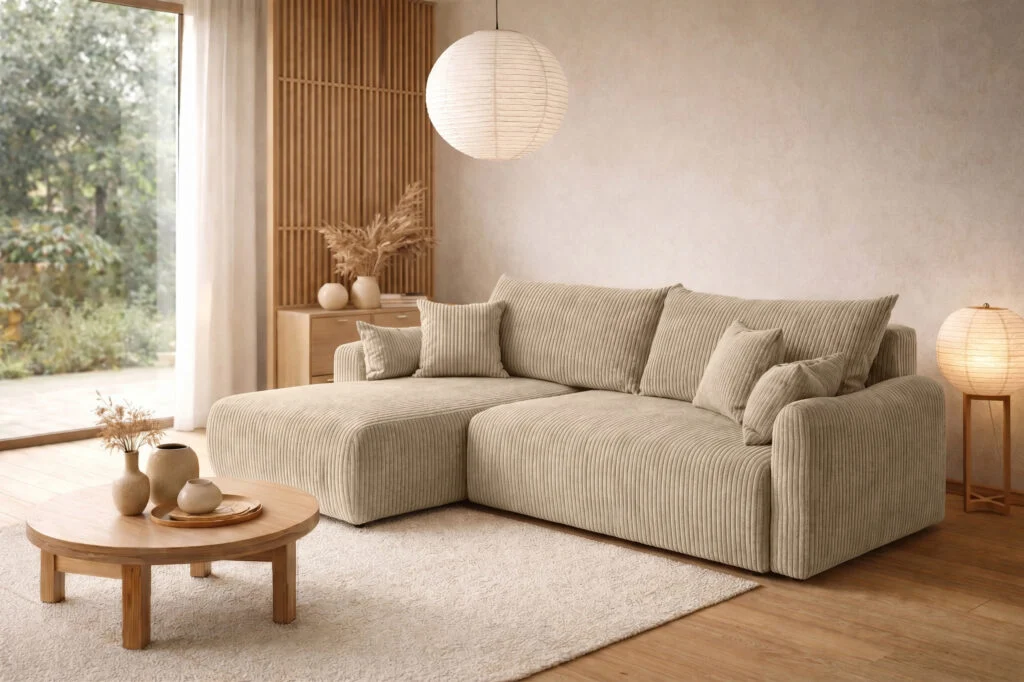 Ecksofa mit Schlaffunktion für Wohnzimmer, Cordstoff Poso, JAPANDI