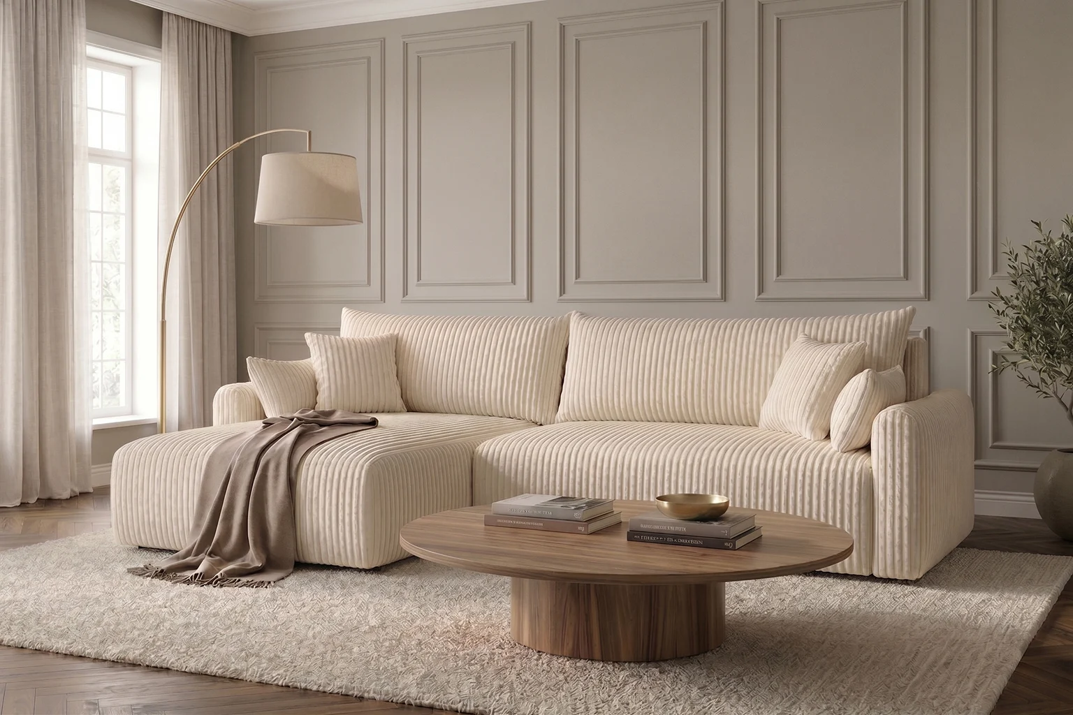 Ecksofa mit Schlaffunktion für Wohnzimmer, Cordstoff Tilia, JAPANDI