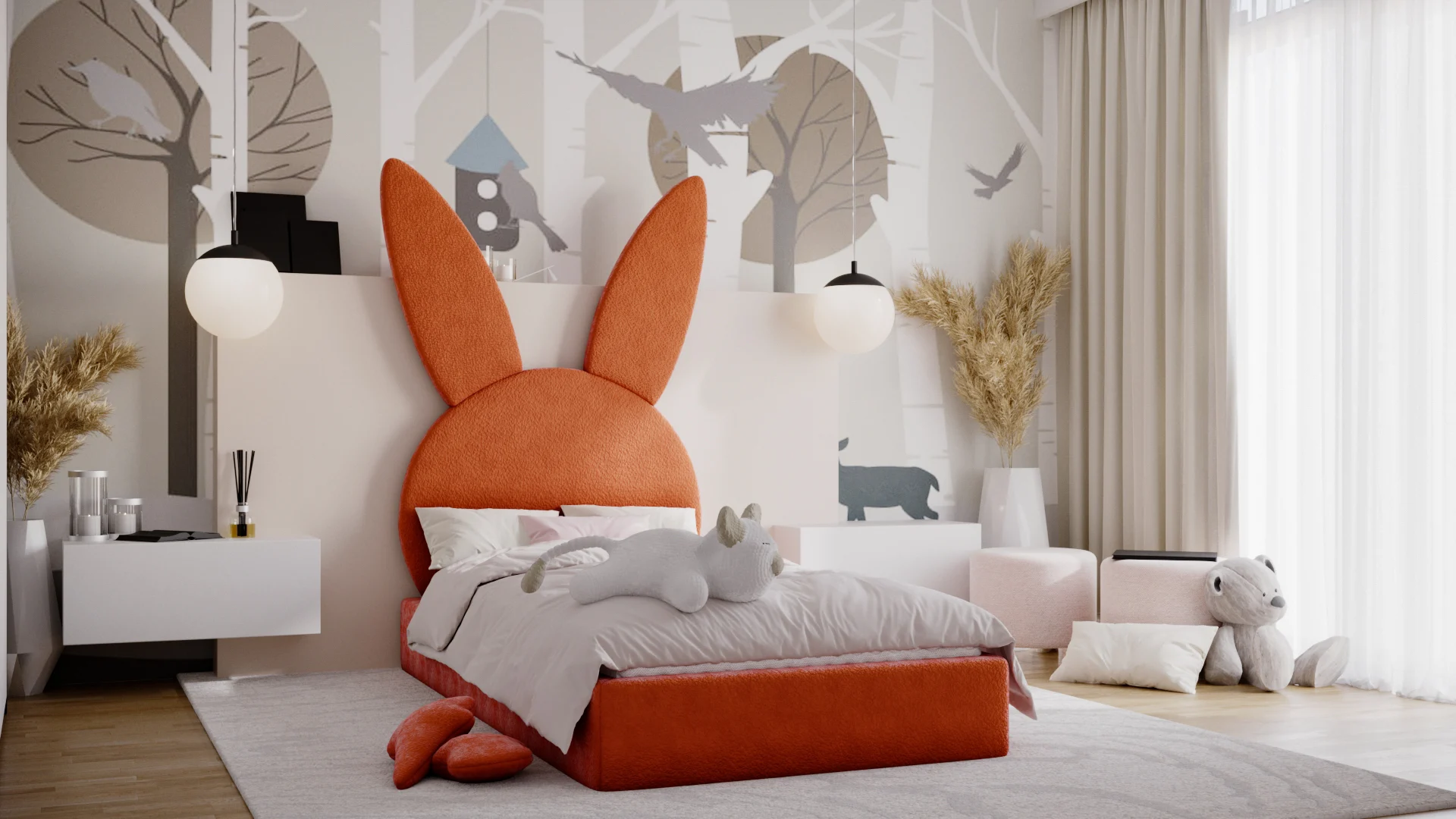 Kinderbett Polsterbett Bett HÄSCHEN 90x200cm Stoff Bukla Orange ohne Matratze - Fun Möbel