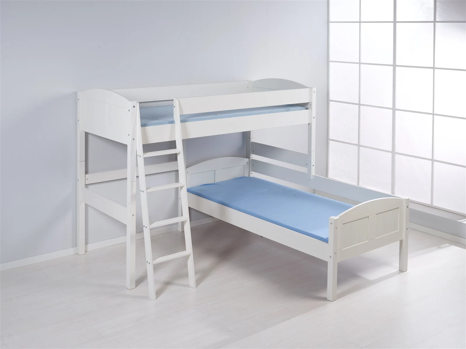 Hochbett Etagenbett L-Bett - MARTI 2 - Kiefer Weiss inkl.2 x Rollrost
