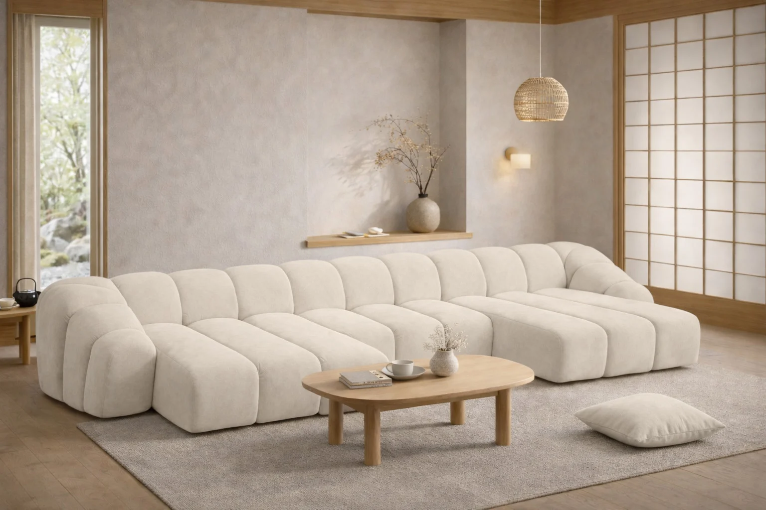 Ecksofa U modular für Wohnzimmer, Samtstoff Bluvel, CROISSANT