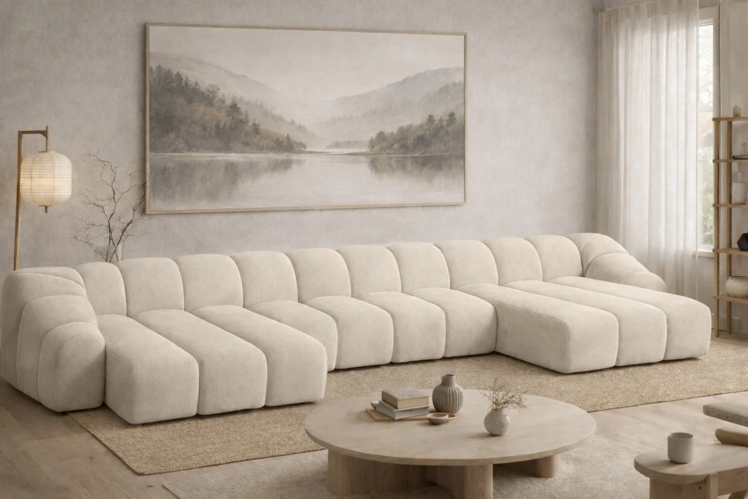 Ecksofa U XL modular für Wohnzimmer, Samtstoff Bluvel, CROISSANT