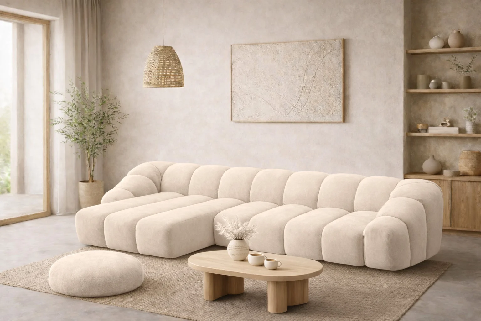 Ecksofa L XL modular für Wohnzimmer, Samtstoff Bluvel, CROISSANT