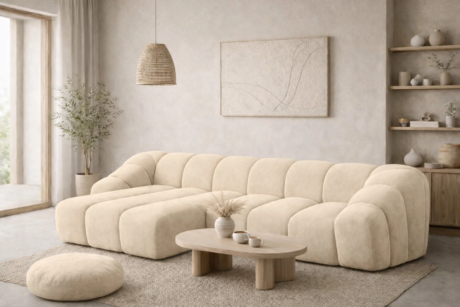 Ecksofa L modular für Wohnzimmer, Samtstoff Bluvel, CROISSANT