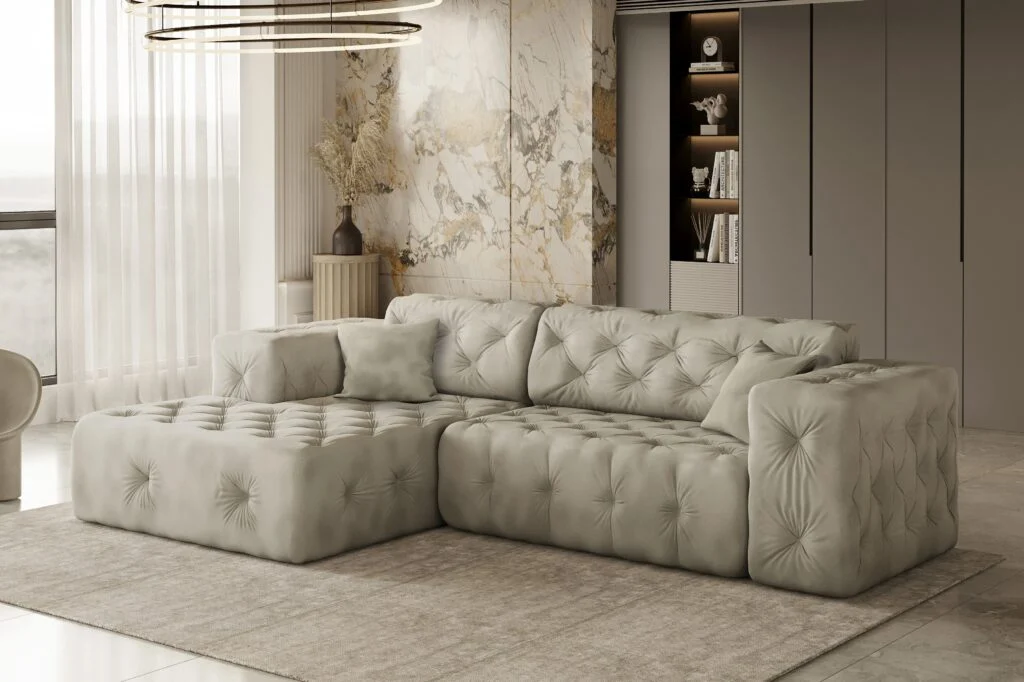 Freistehendes Ecksofa, stark gesteppt, weich, elegant LUX stoff Whisper