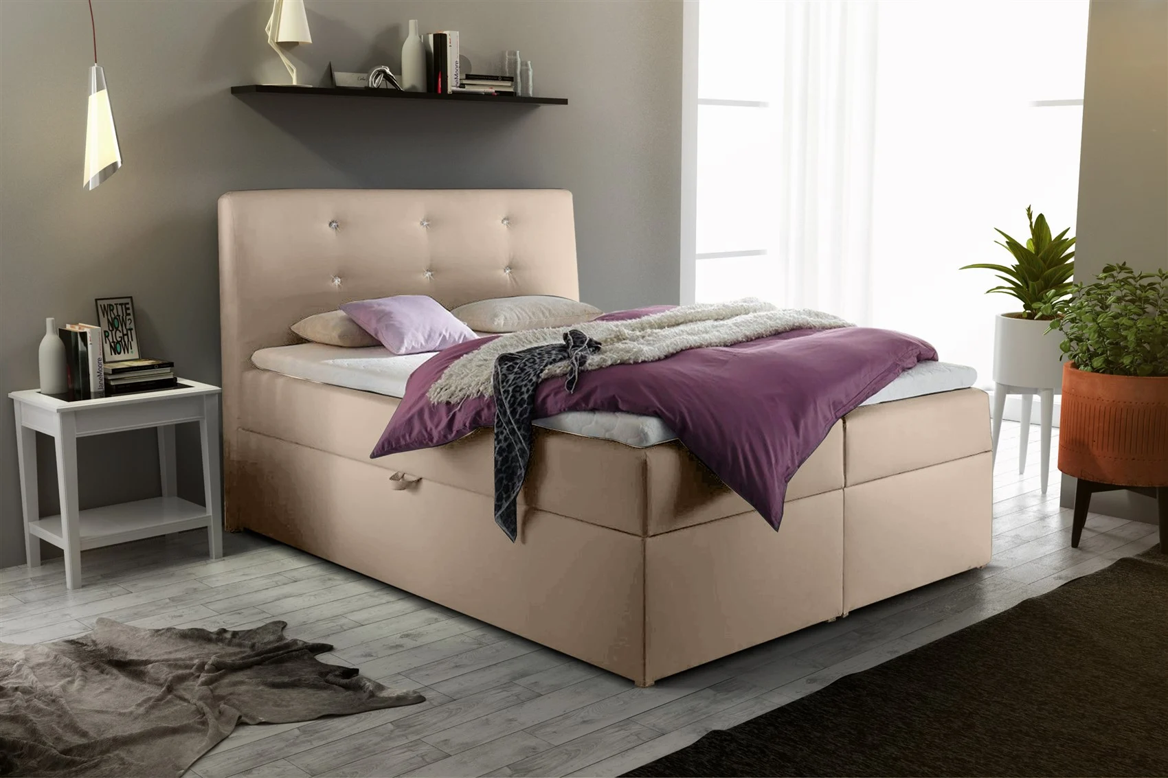 Boxspringbett Schlafzimmerbett MONZA Kunstleder Creme 100x200 cm - Fun Moebel